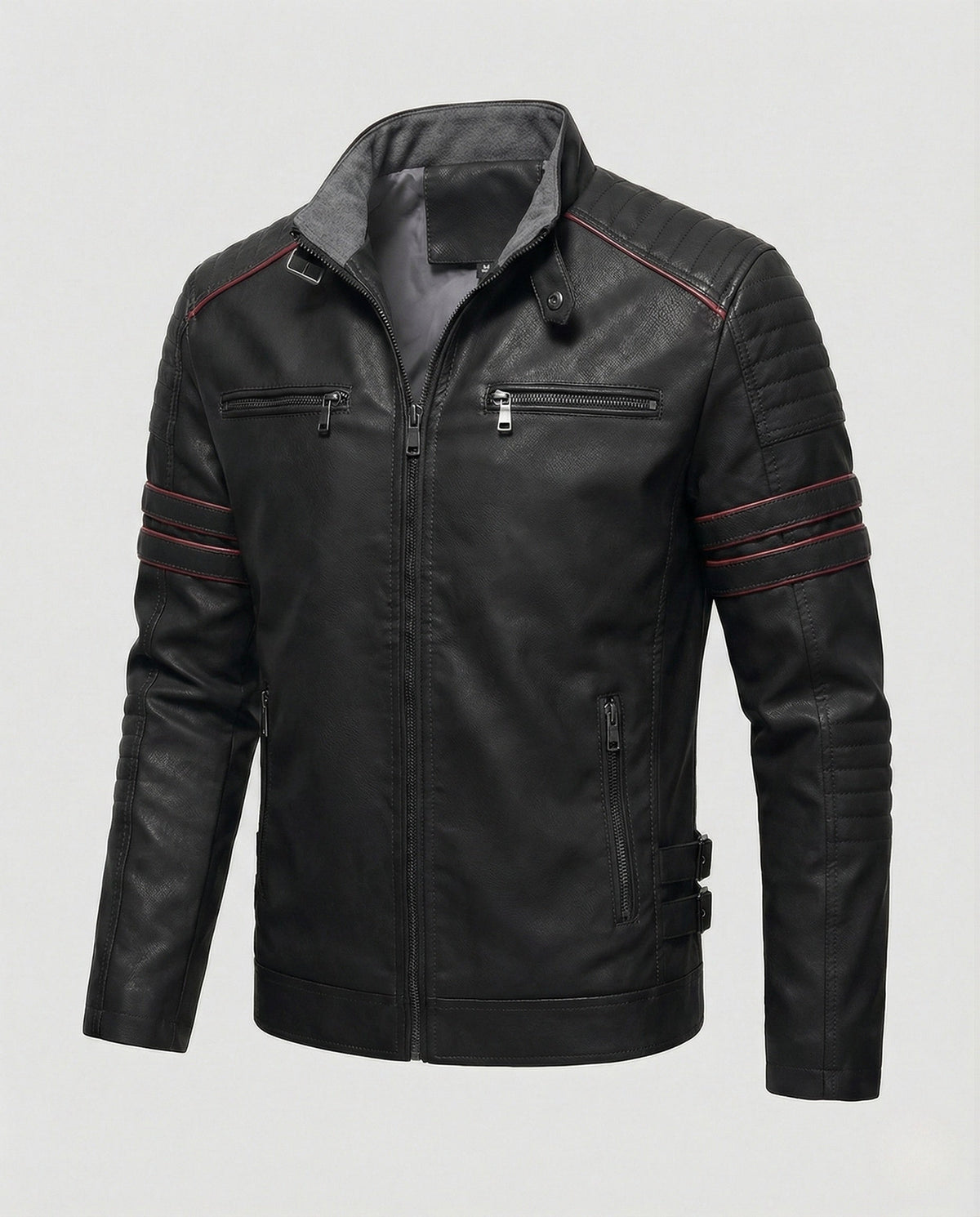 Veste de motard en similicuir pour homme avec épaules matelassées – Coupe ajustée zippée avec pattes de serrage réglables à la taille