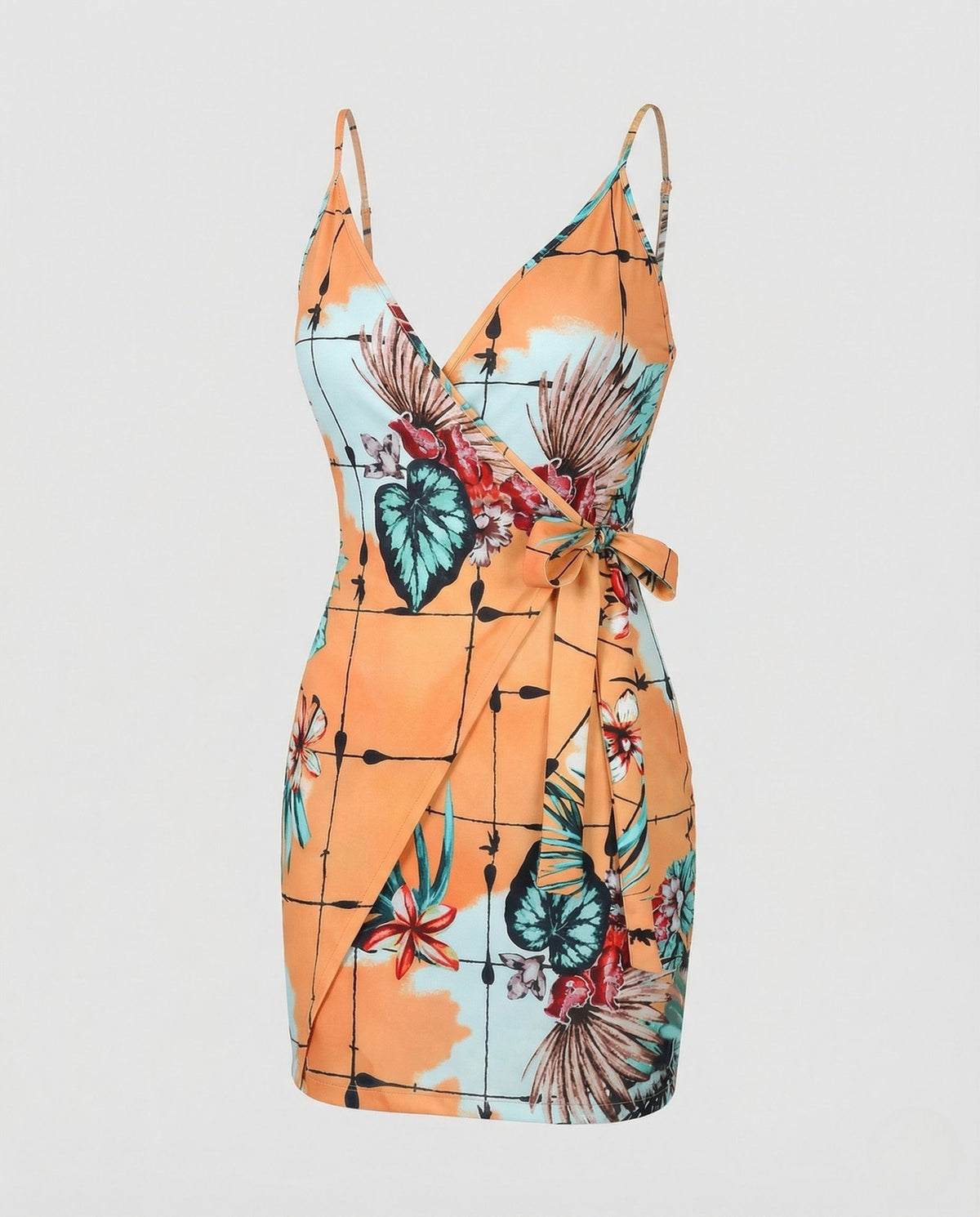 Women’s Printed Wrap Style Mini Dress with Side Tie and Pockets – Strappy Summer Holiday Outfit