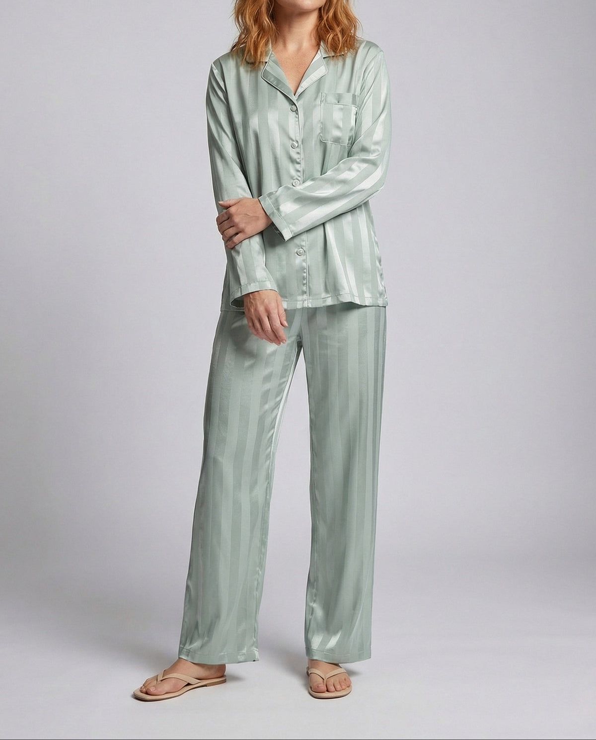 Women’s Satin Finish Pyjama Set with Button Front Shirt – Relaxed Long Sleeve Nightwear with Full Length Trousers