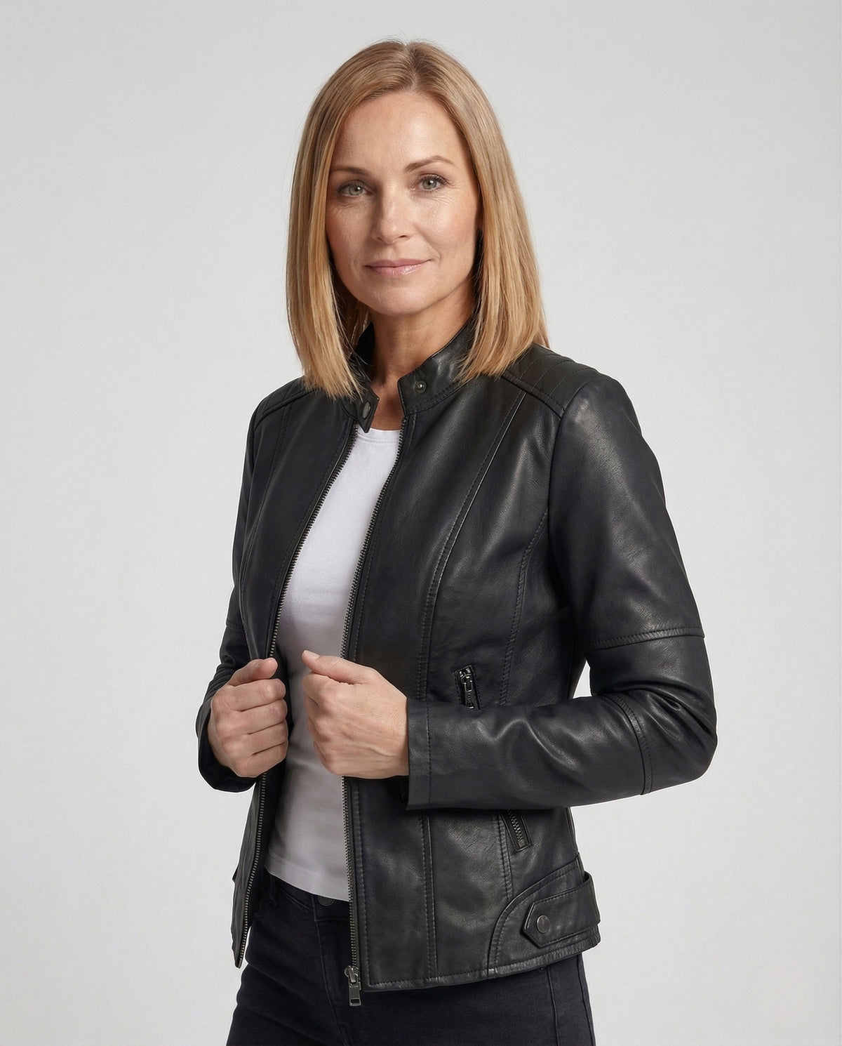 Chaqueta entallada de cuero sintético para mujer, con cuello alto y bolsillos con cremallera – prenda corta para primavera y otoño