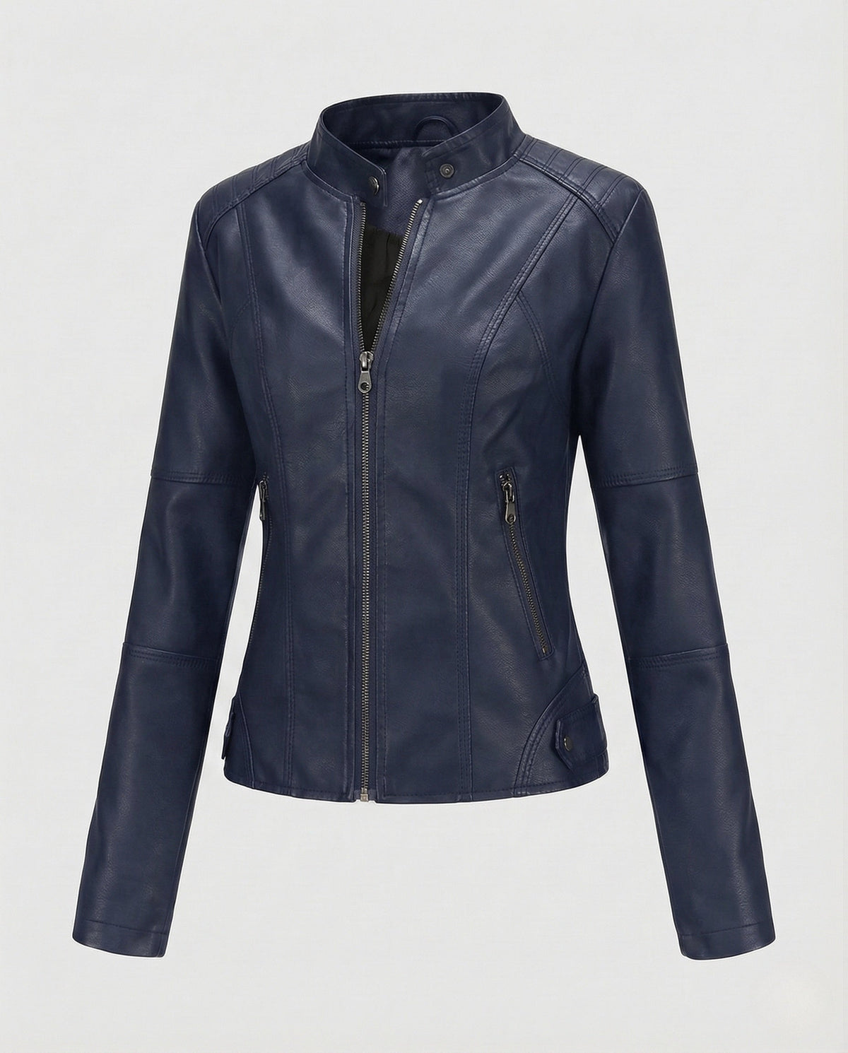 Chaqueta entallada de cuero sintético para mujer, con cuello alto y bolsillos con cremallera – prenda corta para primavera y otoño
