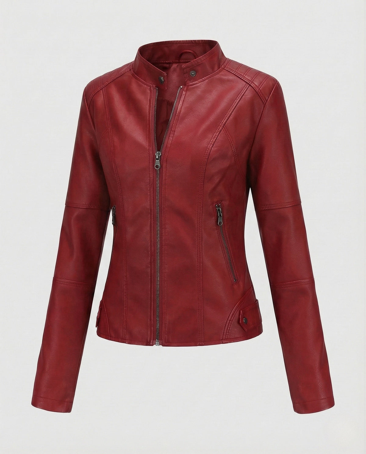 Chaqueta entallada de cuero sintético para mujer, con cuello alto y bolsillos con cremallera – prenda corta para primavera y otoño