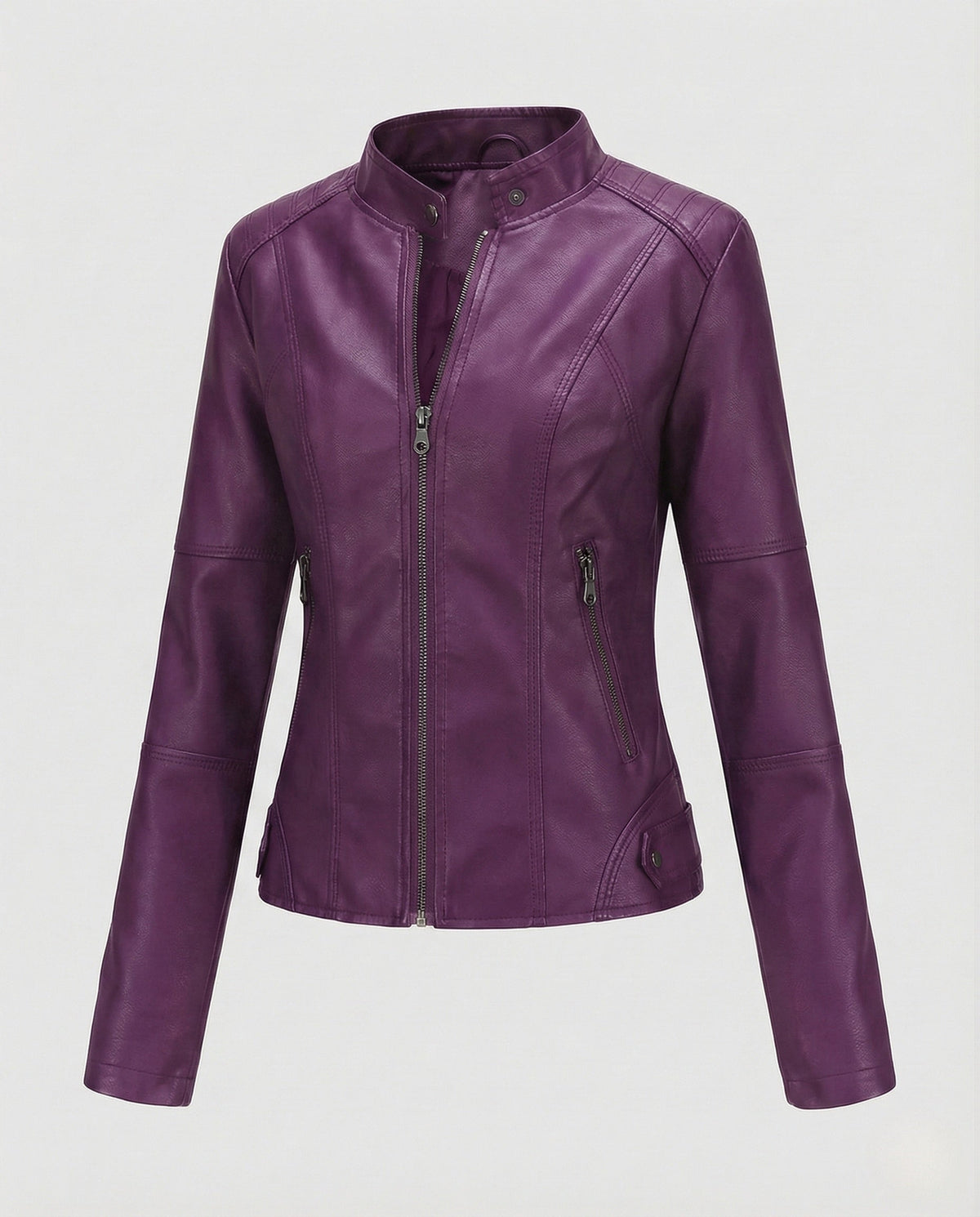 Chaqueta entallada de cuero sintético para mujer, con cuello alto y bolsillos con cremallera – prenda corta para primavera y otoño