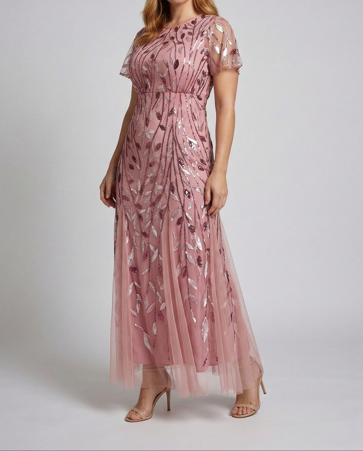 Abito lungo da donna in tulle con paillettes e maniche corte trasparenti – Elegante, ideale per matrimoni e serate speciali