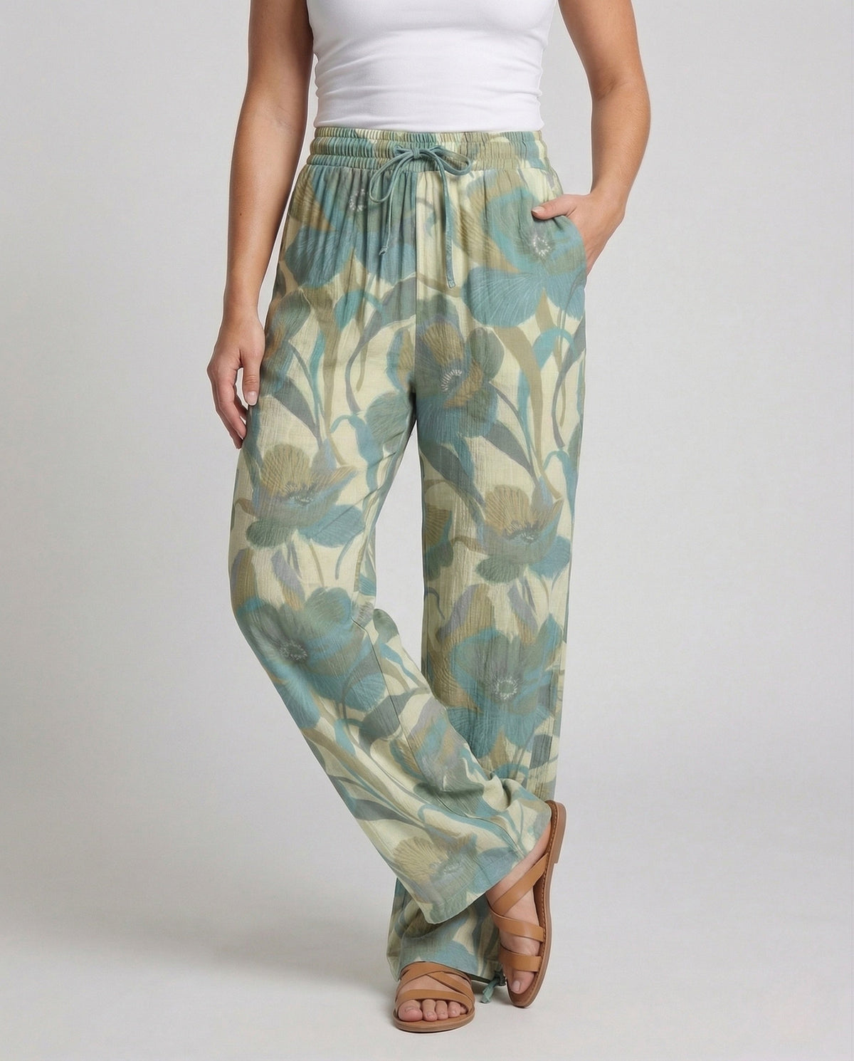 Pantaloni a gamba larga da donna con stampa e vita con coulisse - Comodi da indossare in spiaggia e in vacanza d'estate