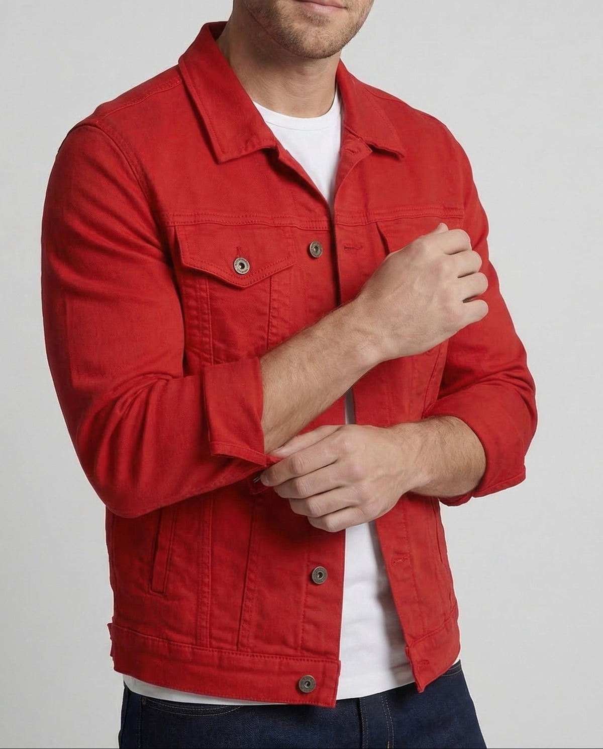 Veste trucker en denim extensible pour homme avec poches poitrine – coupe ajustée, à superposer pour une tenue chic et décontractée