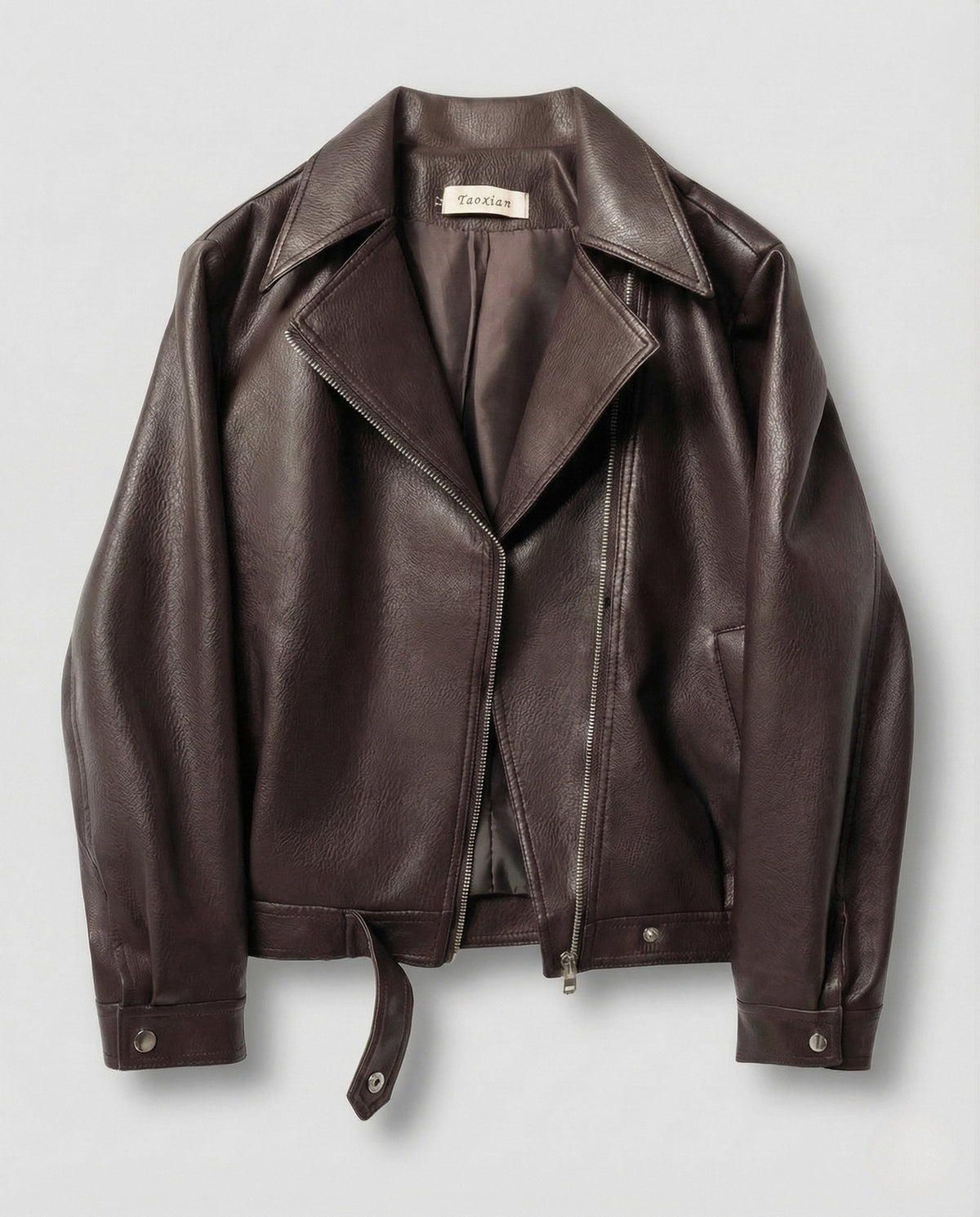 Women's Boxy Faux Leather Biker Jacket with Asymmetric Zip – Short Moto Jacket with Wide Lapels for Autumn and Everyday Wear