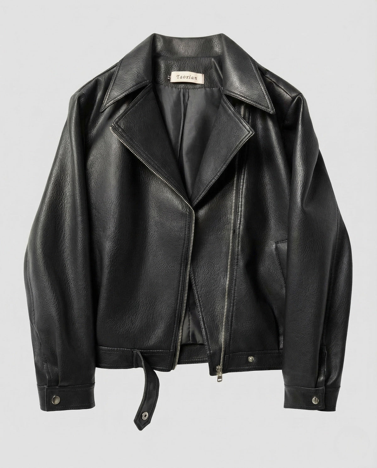 Women's Boxy Faux Leather Biker Jacket with Asymmetric Zip – Short Moto Jacket with Wide Lapels for Autumn and Everyday Wear
