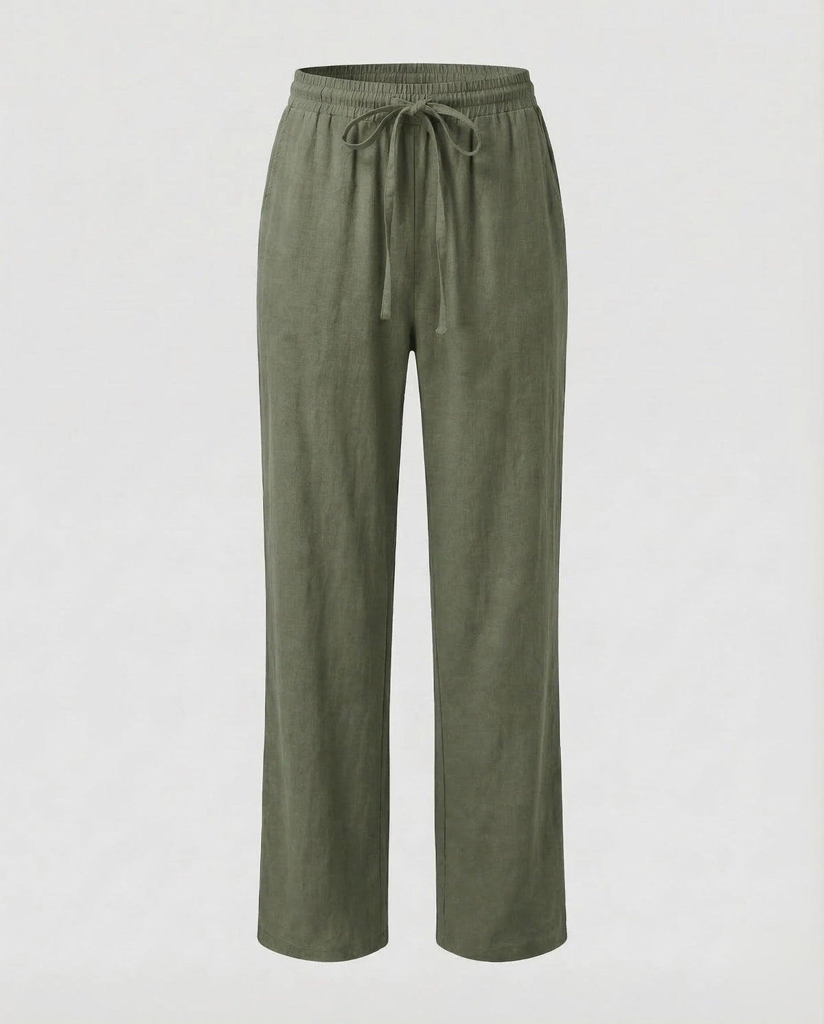 Calças direitas para mulher em mistura de linho, com cintura elástica ajustável com cordão e bolsos laterais - estilo casual de verão para férias e uso diário