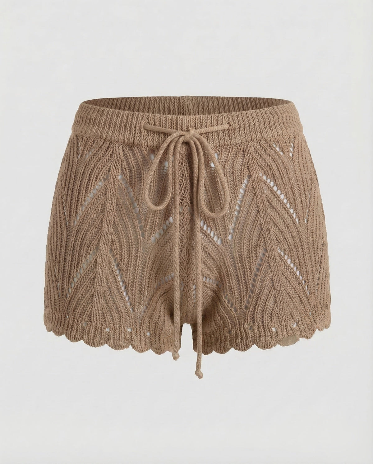 Women’s Openwork Knit Beach Shorts with Drawstring Waist and Scalloped Hems – Relaxed Summer Cover-Up for Poolside and Holidays