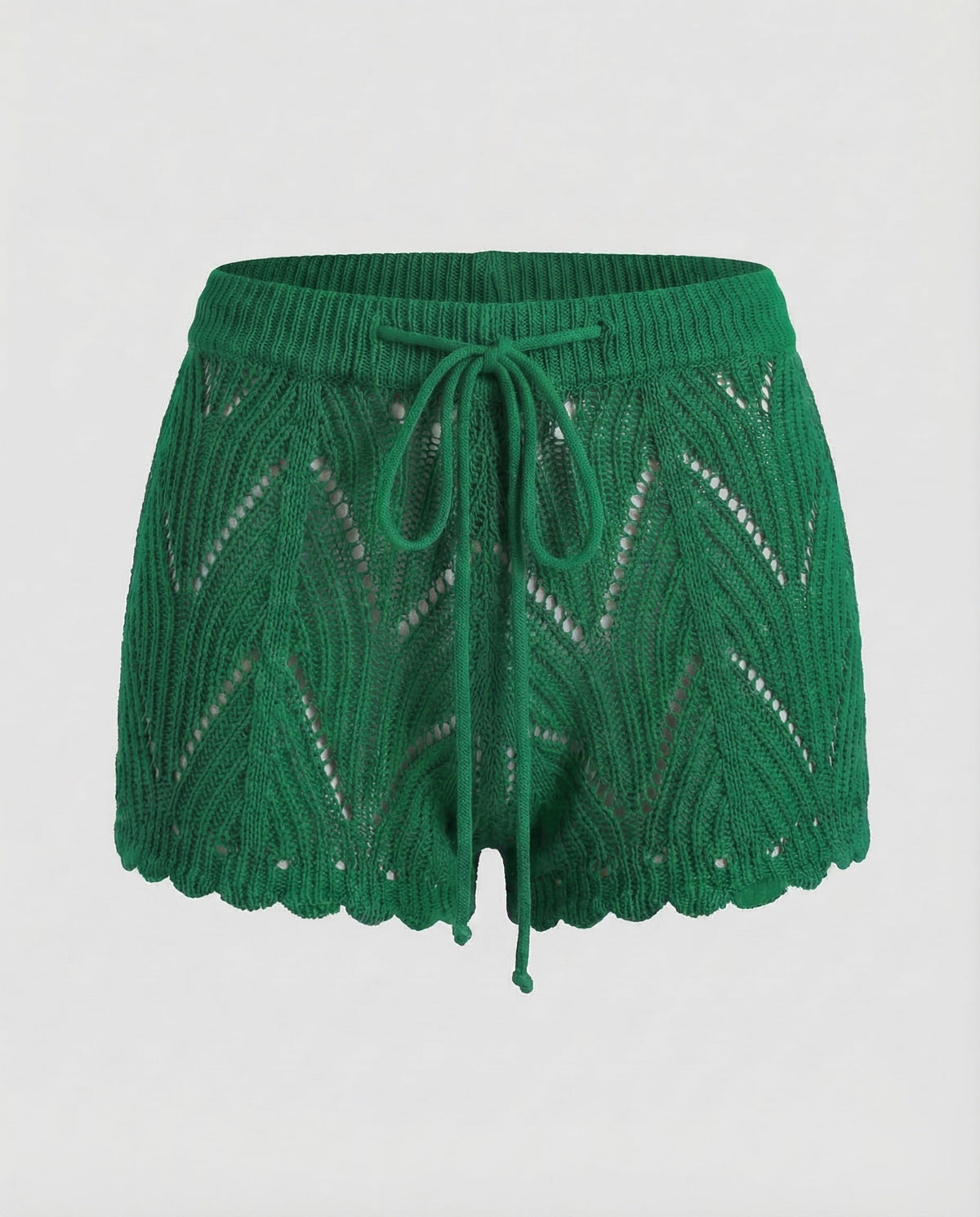 Women’s Openwork Knit Beach Shorts with Drawstring Waist and Scalloped Hems – Relaxed Summer Cover-Up for Poolside and Holidays