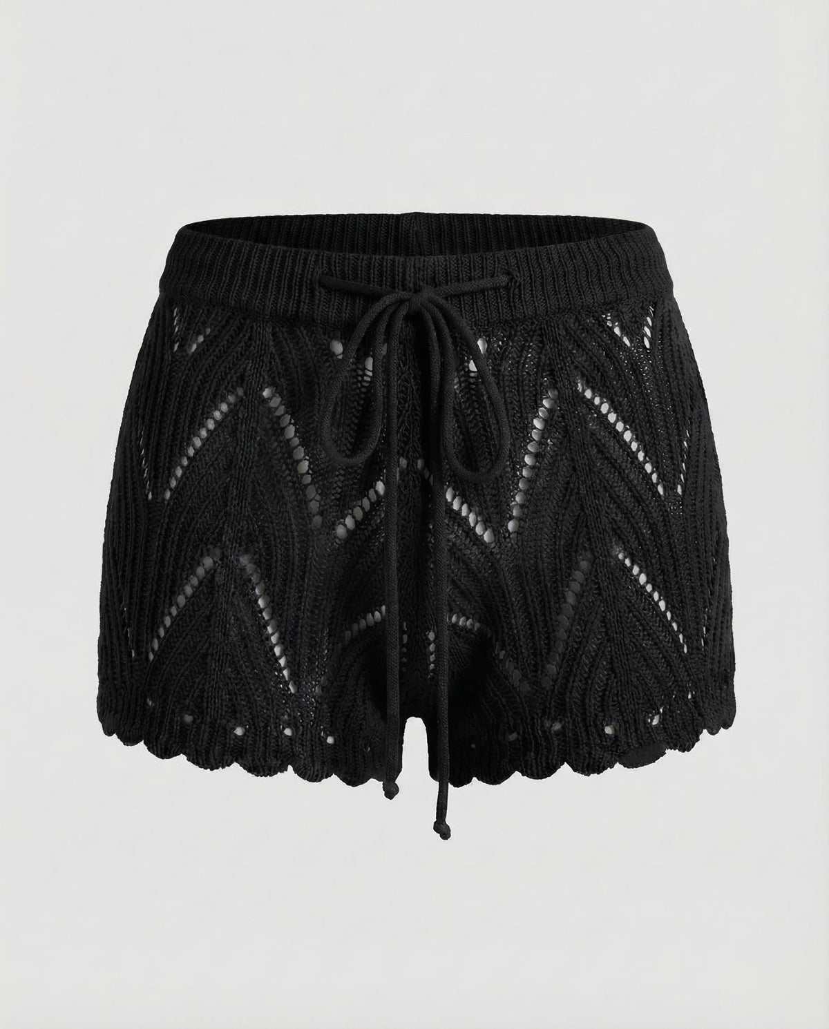 Women’s Openwork Knit Beach Shorts with Drawstring Waist and Scalloped Hems – Relaxed Summer Cover-Up for Poolside and Holidays