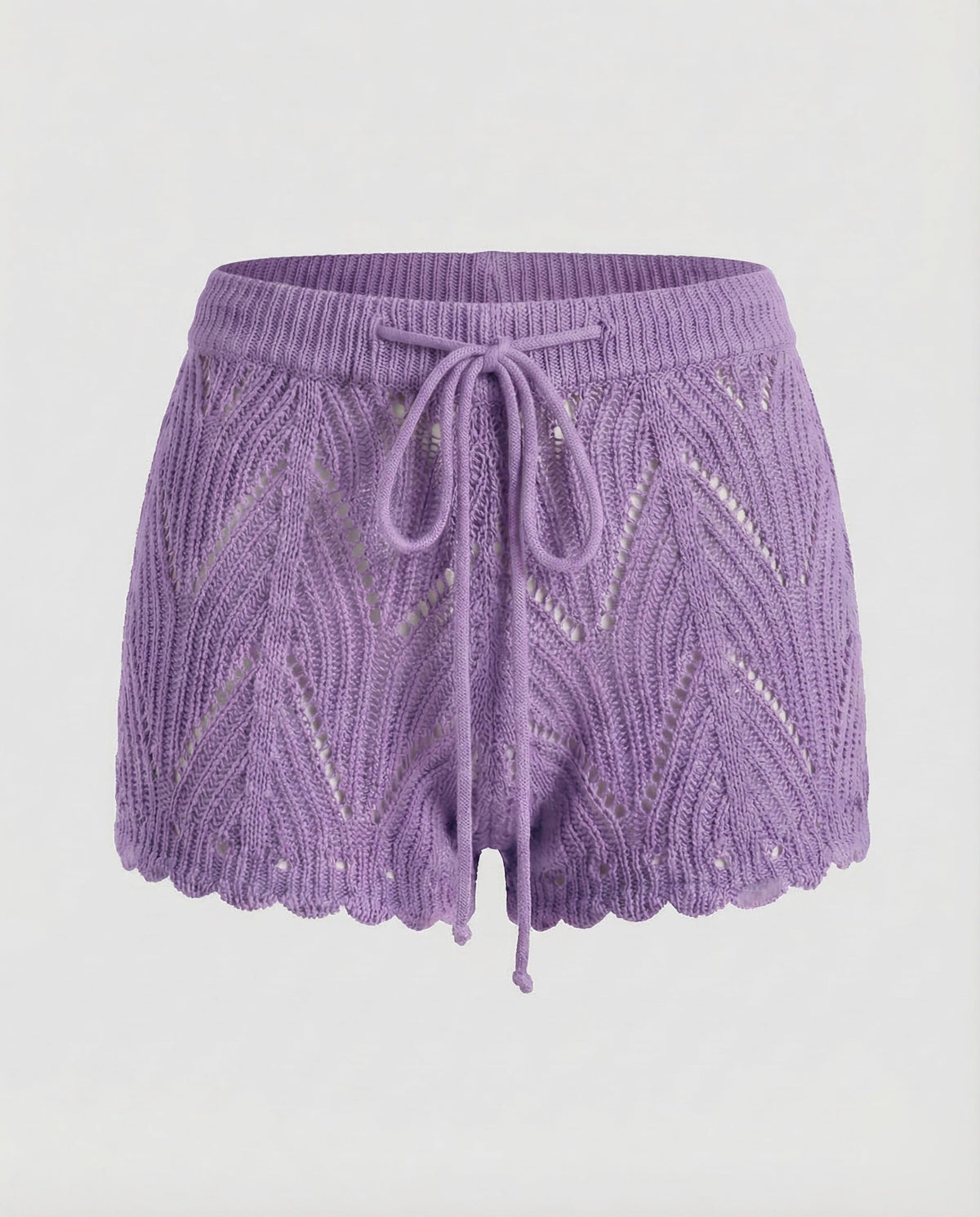 Women’s Openwork Knit Beach Shorts with Drawstring Waist and Scalloped Hems – Relaxed Summer Cover-Up for Poolside and Holidays