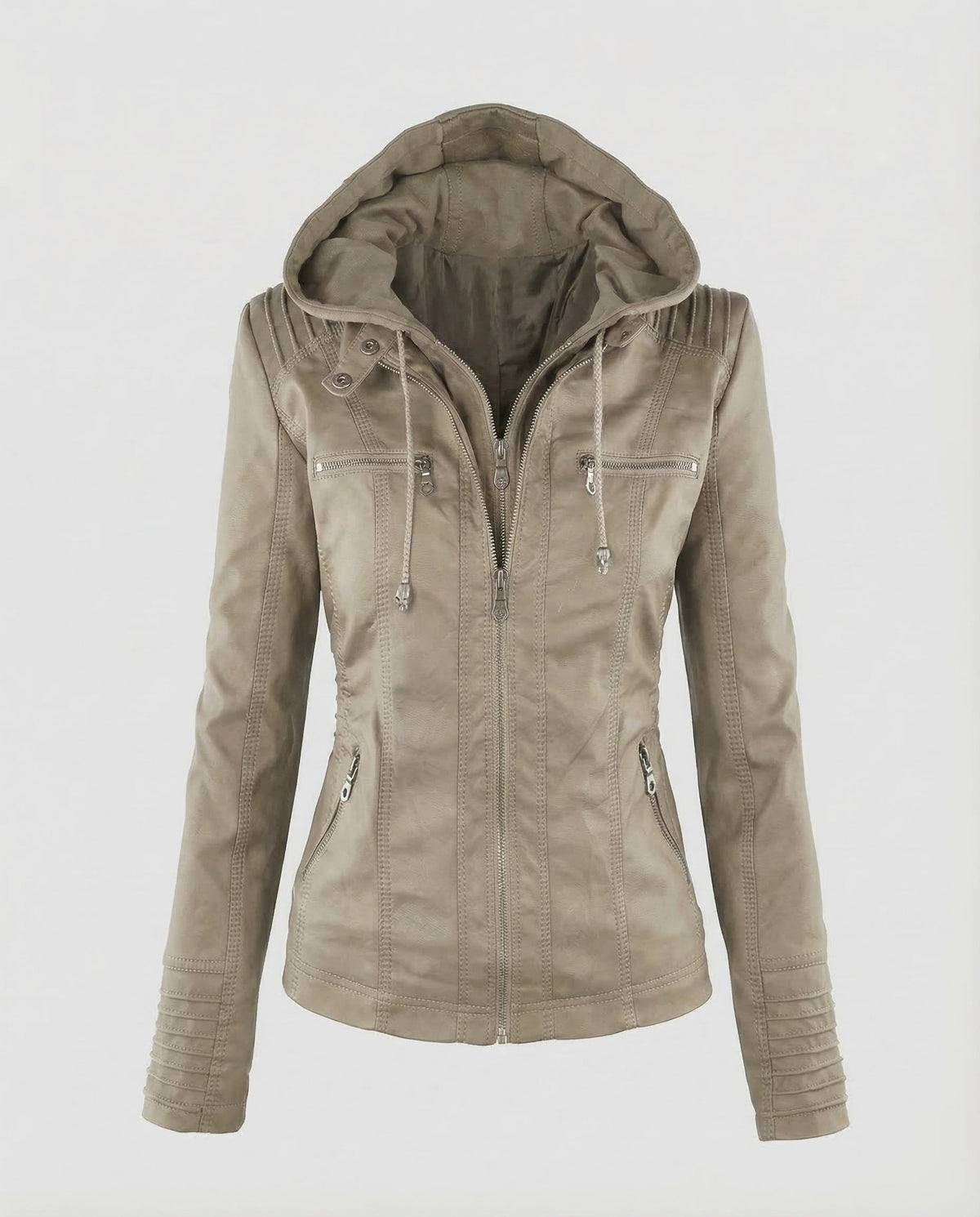 Veste de motard à capuche en similicuir pour femme avec taille ajustée et détails matelassés - Veste zippée à superposer au printemps et en automne
