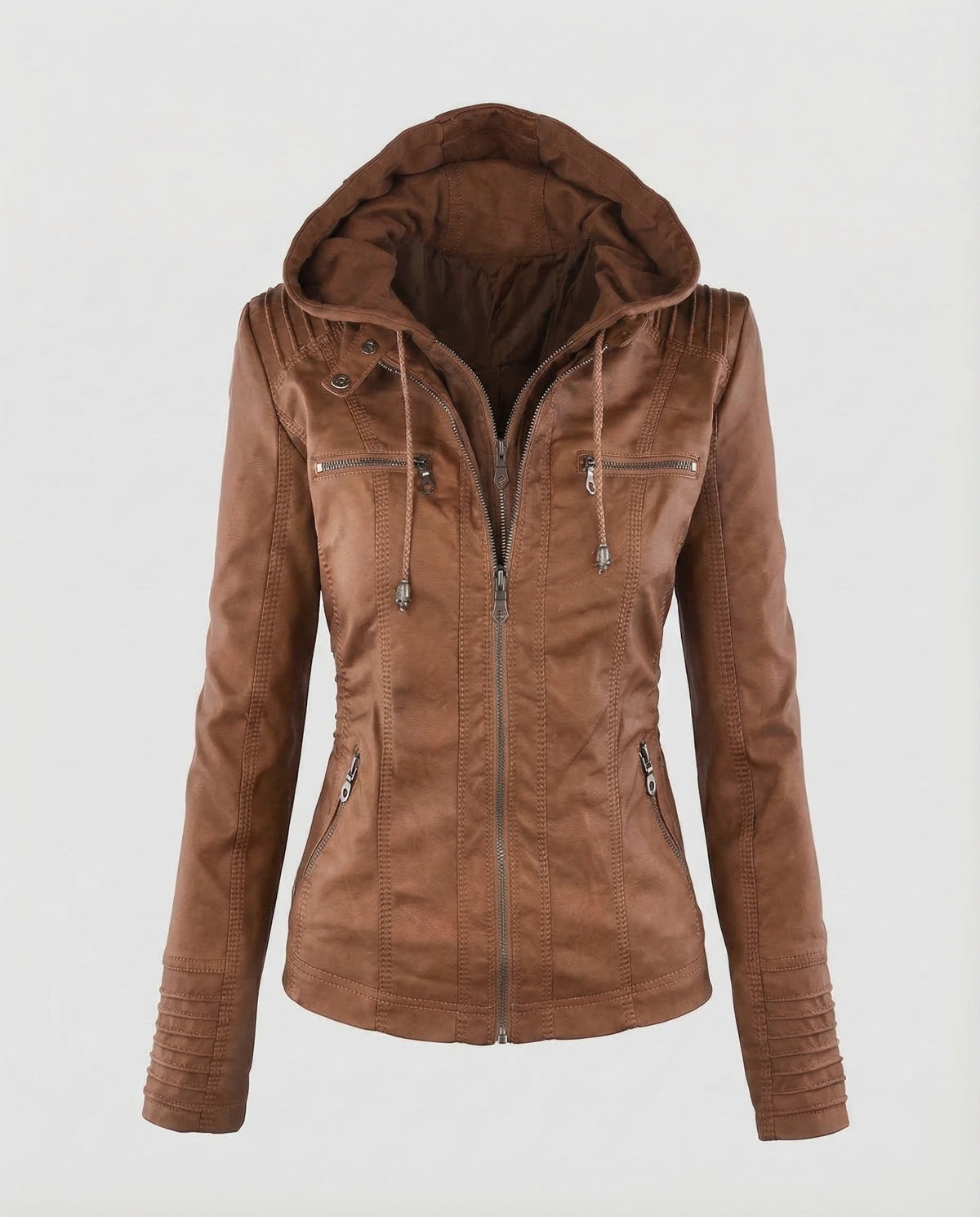 Veste de motard à capuche en similicuir pour femme avec taille ajustée et détails matelassés - Veste zippée à superposer au printemps et en automne