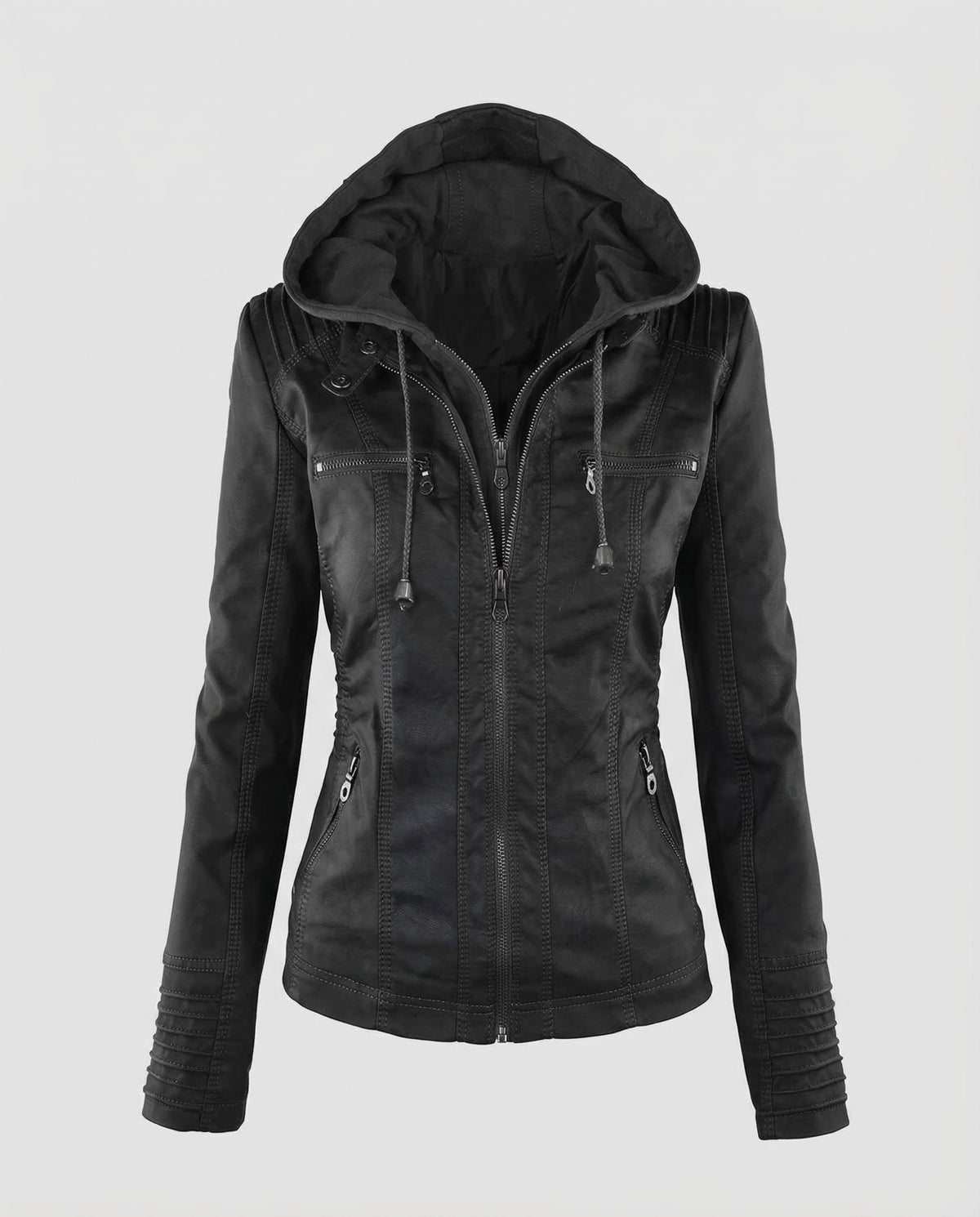 Veste de motard à capuche en similicuir pour femme avec taille ajustée et détails matelassés - Veste zippée à superposer au printemps et en automne
