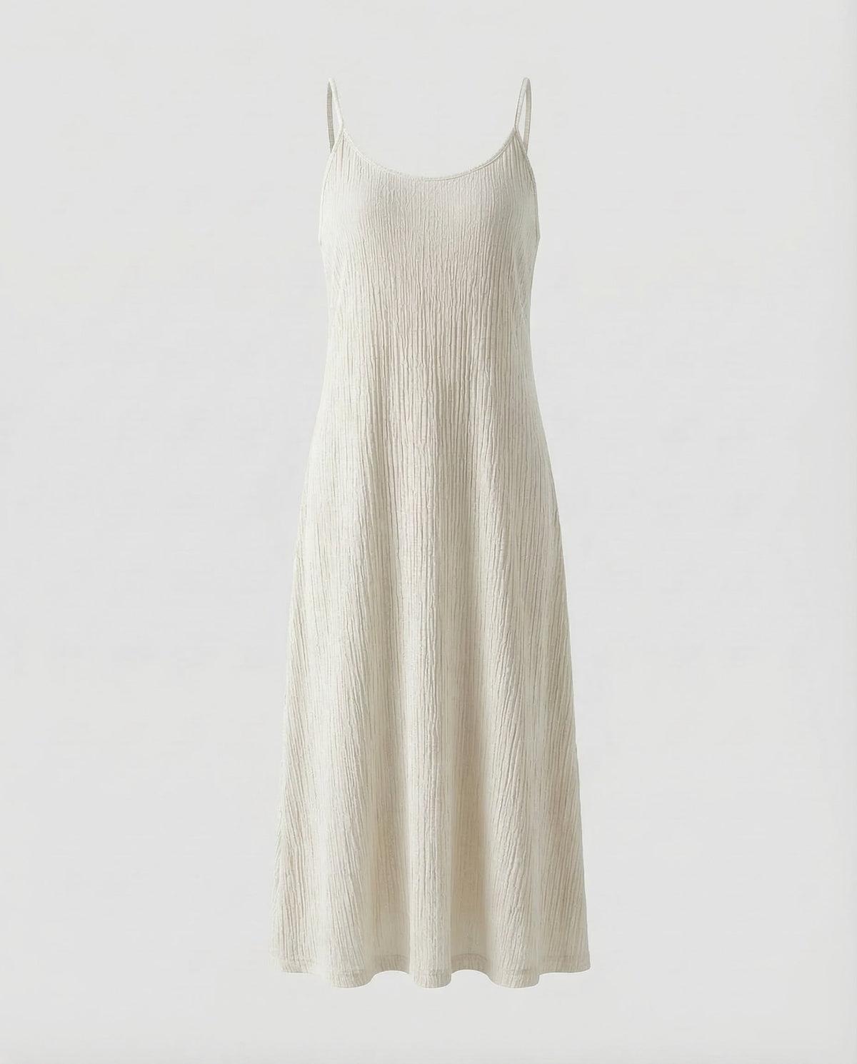 Abito midi da donna con texture stropicciata e spalline sottili - abito estivo senza maniche con scollo rotondo, ideale per le vacanze e il tempo libero
