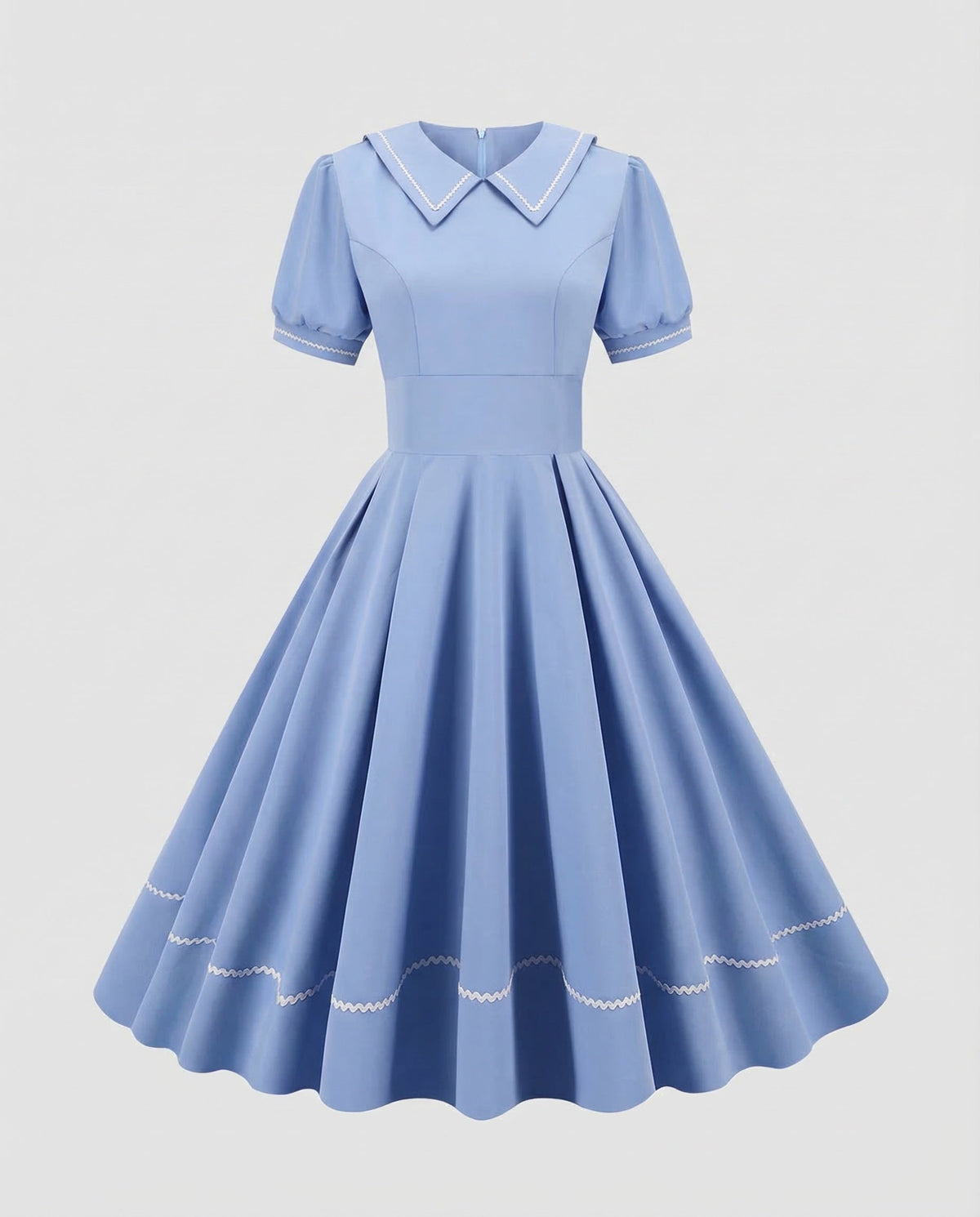 Schwingendes Kleid für Damen im Vintage-Stil mit spitzem Kragen und Puffärmeln – tailliert mit weitem Rock für Partys und besondere Anlässe