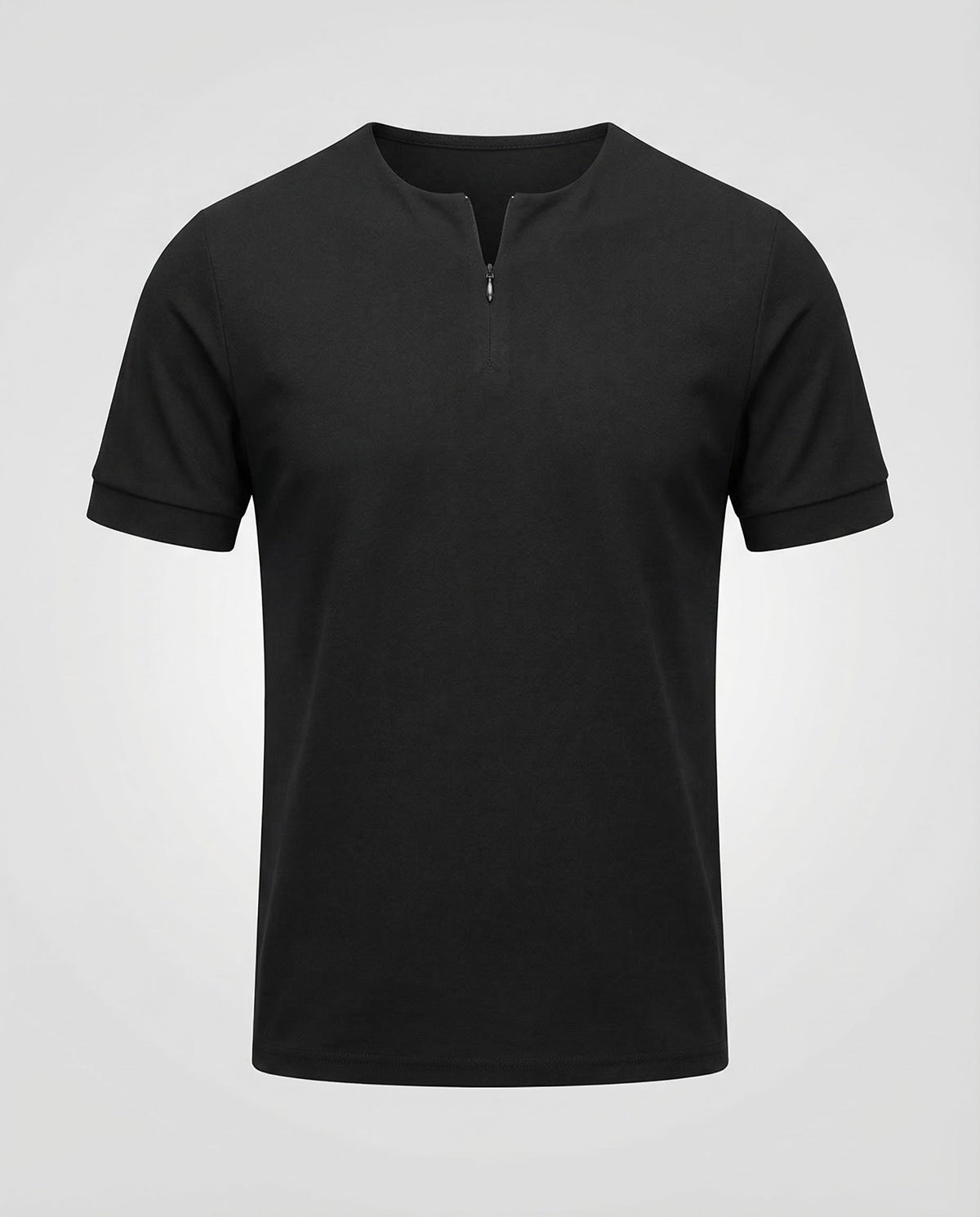 Męski dopasowany T-shirt z krótkim rękawem i zamkiem pod szyją - minimalistyczny letni top do stylizacji smart casual i na weekend