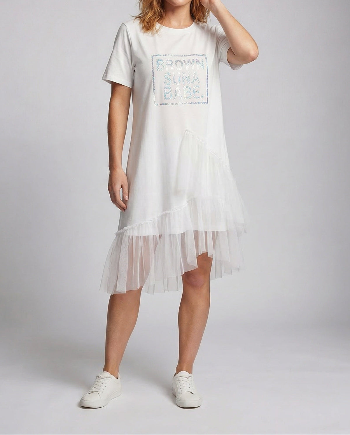 Women’s Printed T-Shirt Dress with Asymmetric Tiered Tulle Hem – Relaxed Short Sleeve Style for Summer Weekends and Casual Outings