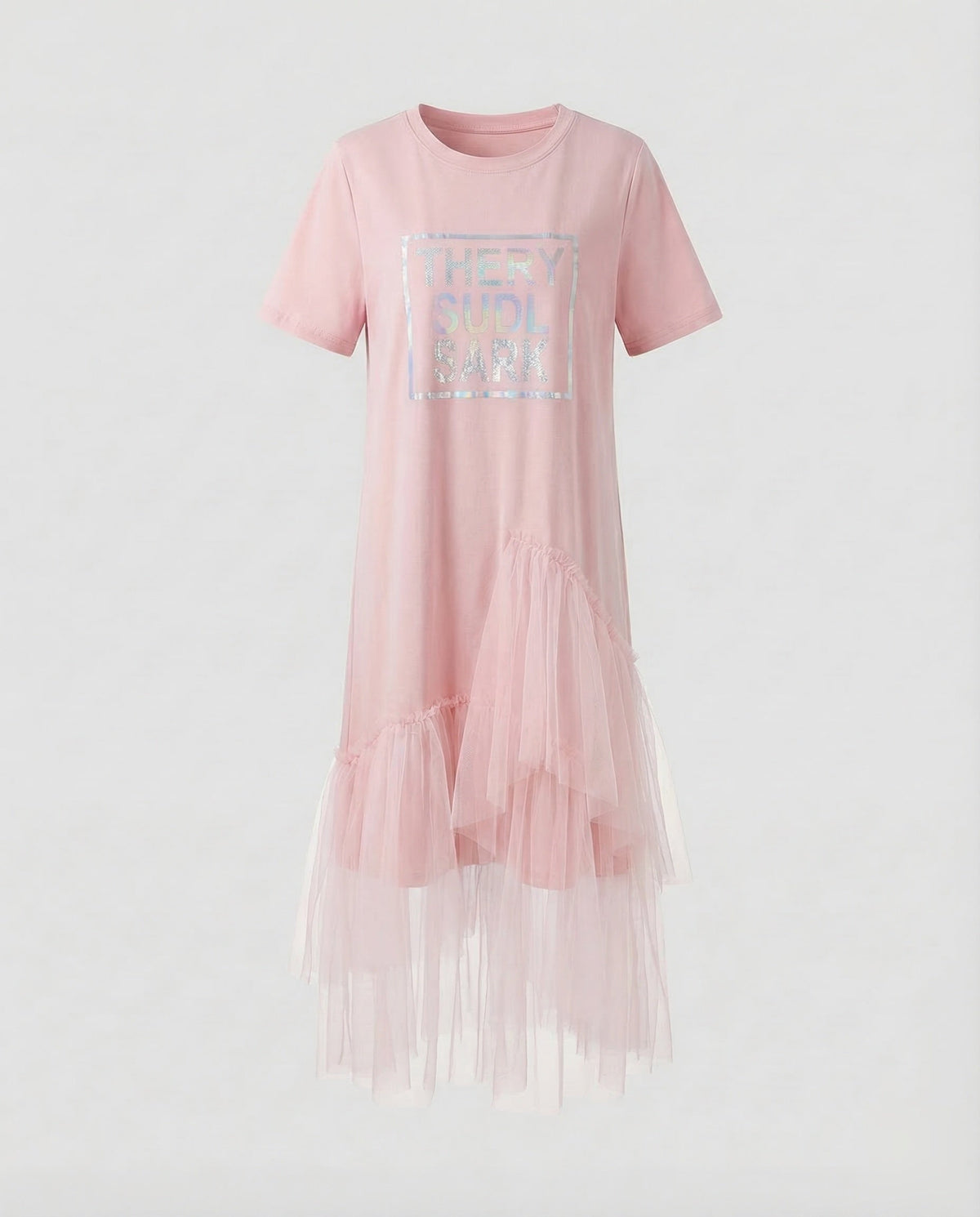 Women’s Printed T-Shirt Dress with Asymmetric Tiered Tulle Hem – Relaxed Short Sleeve Style for Summer Weekends and Casual Outings