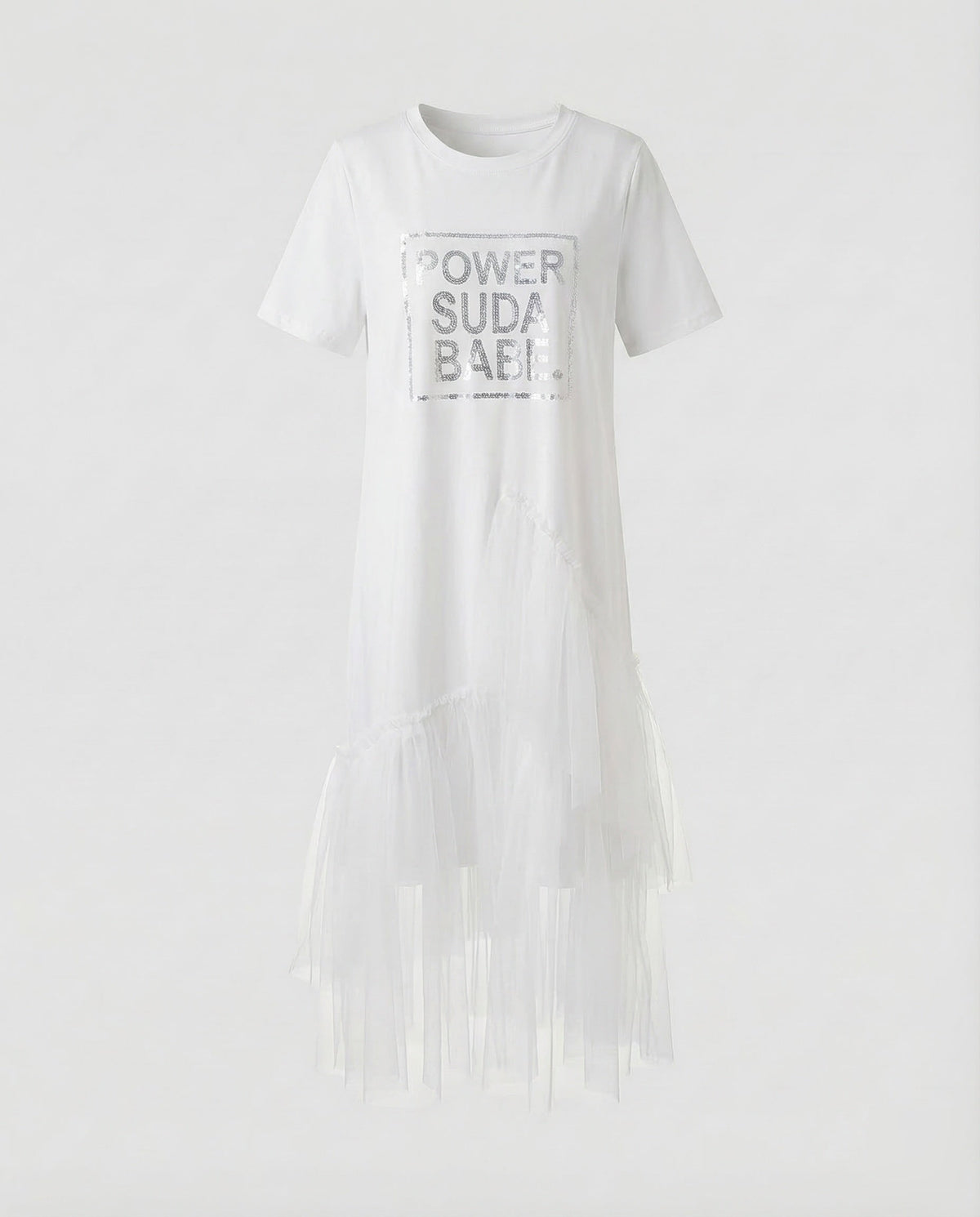 Women’s Printed T-Shirt Dress with Asymmetric Tiered Tulle Hem – Relaxed Short Sleeve Style for Summer Weekends and Casual Outings