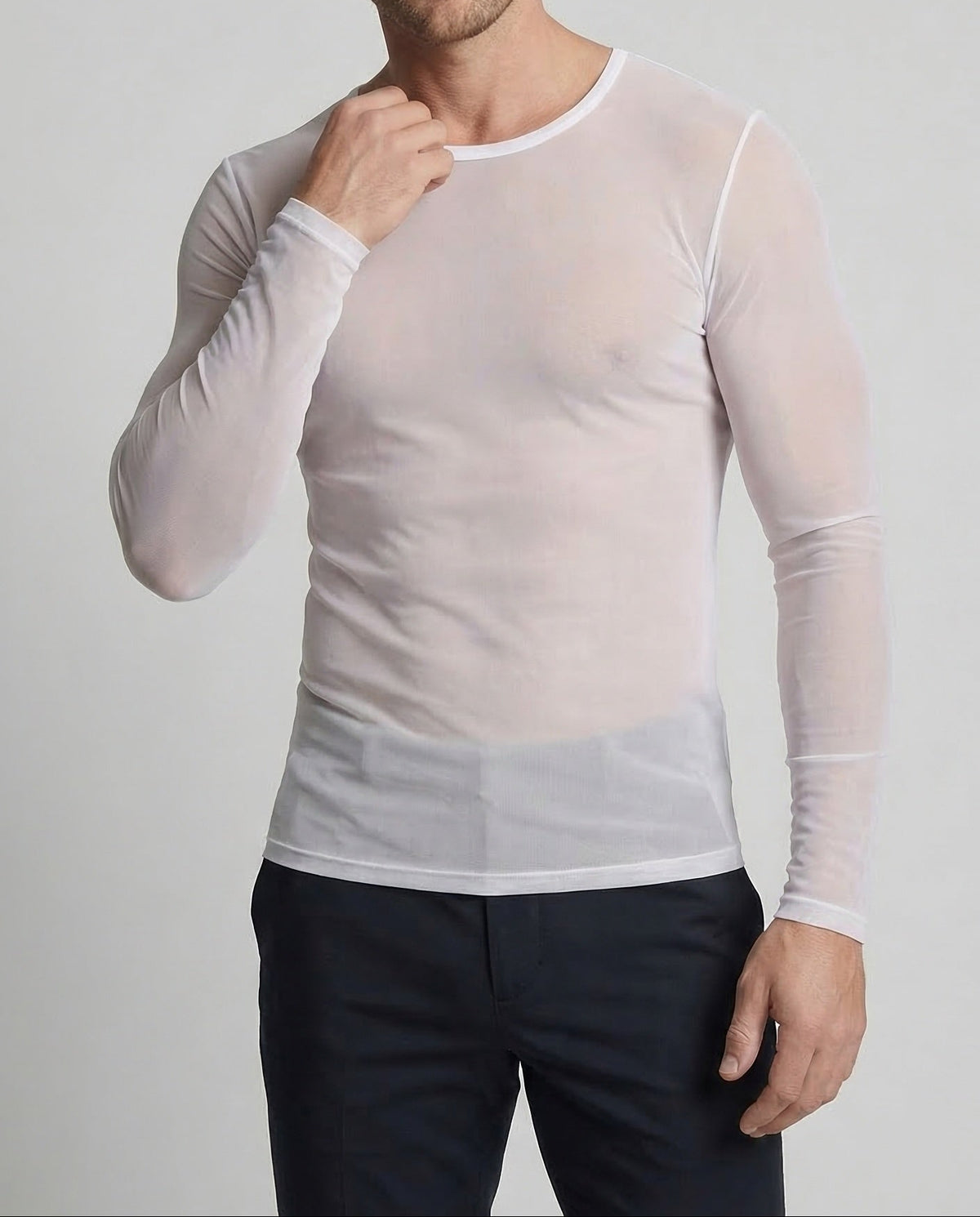 Men's Slim Fit Sheer Mesh Long Sleeve Top – Lightweight Crew Neck Layer for Casual and Evening Wear