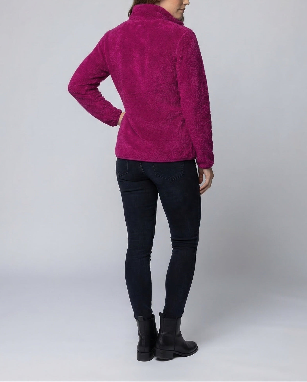 Plüschige Fleecejacke für Damen mit hohem Stehkragen und durchgehendem Reißverschluss – lässige, hüftlange Schicht für den Herbst und kühlere Tage