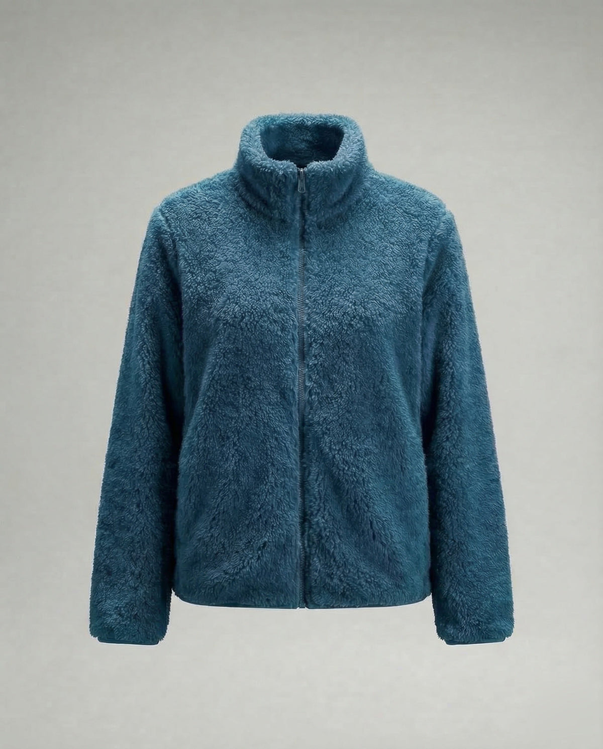 Plüschige Fleecejacke für Damen mit hohem Stehkragen und durchgehendem Reißverschluss – lässige, hüftlange Schicht für den Herbst und kühlere Tage