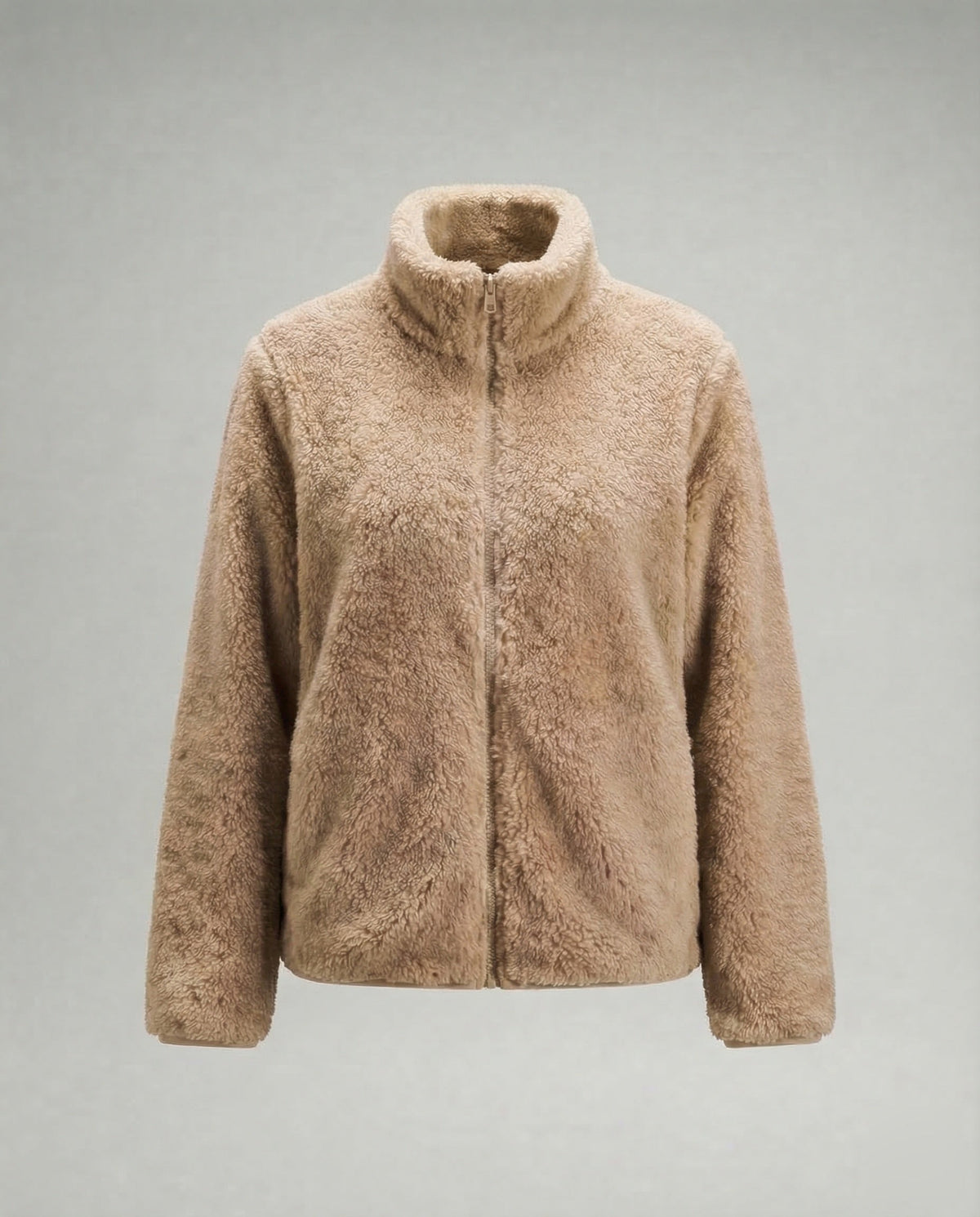 Plüschige Fleecejacke für Damen mit hohem Stehkragen und durchgehendem Reißverschluss – lässige, hüftlange Schicht für den Herbst und kühlere Tage
