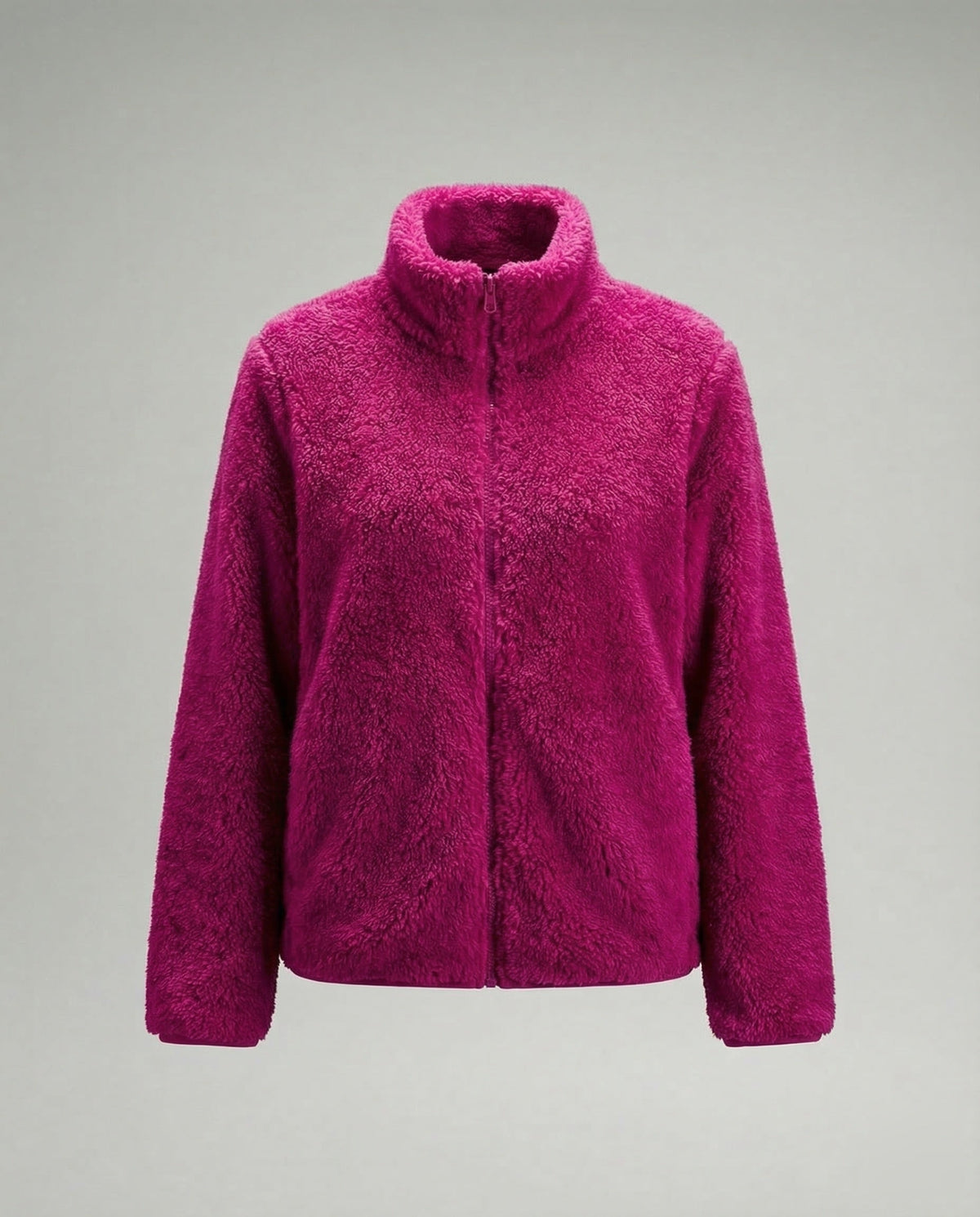 Plüschige Fleecejacke für Damen mit hohem Stehkragen und durchgehendem Reißverschluss – lässige, hüftlange Schicht für den Herbst und kühlere Tage