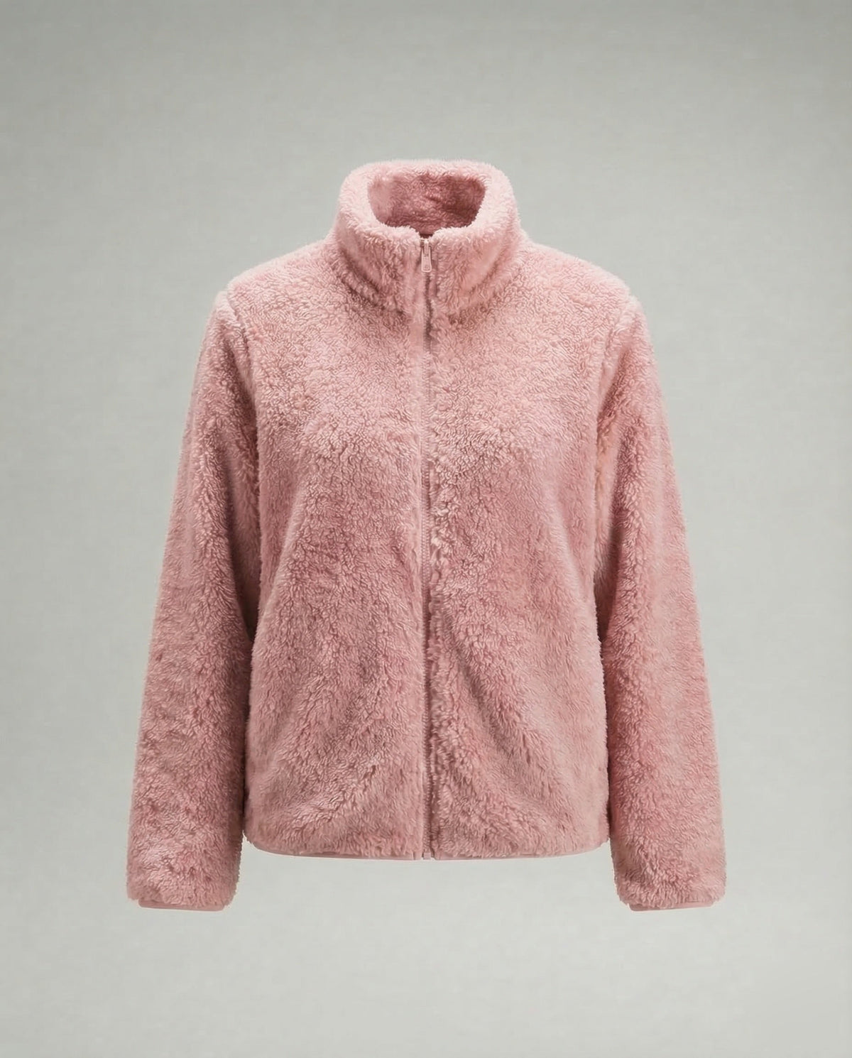 Plüschige Fleecejacke für Damen mit hohem Stehkragen und durchgehendem Reißverschluss – lässige, hüftlange Schicht für den Herbst und kühlere Tage