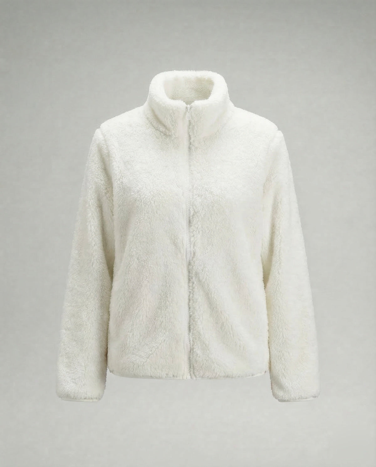 Plüschige Fleecejacke für Damen mit hohem Stehkragen und durchgehendem Reißverschluss – lässige, hüftlange Schicht für den Herbst und kühlere Tage