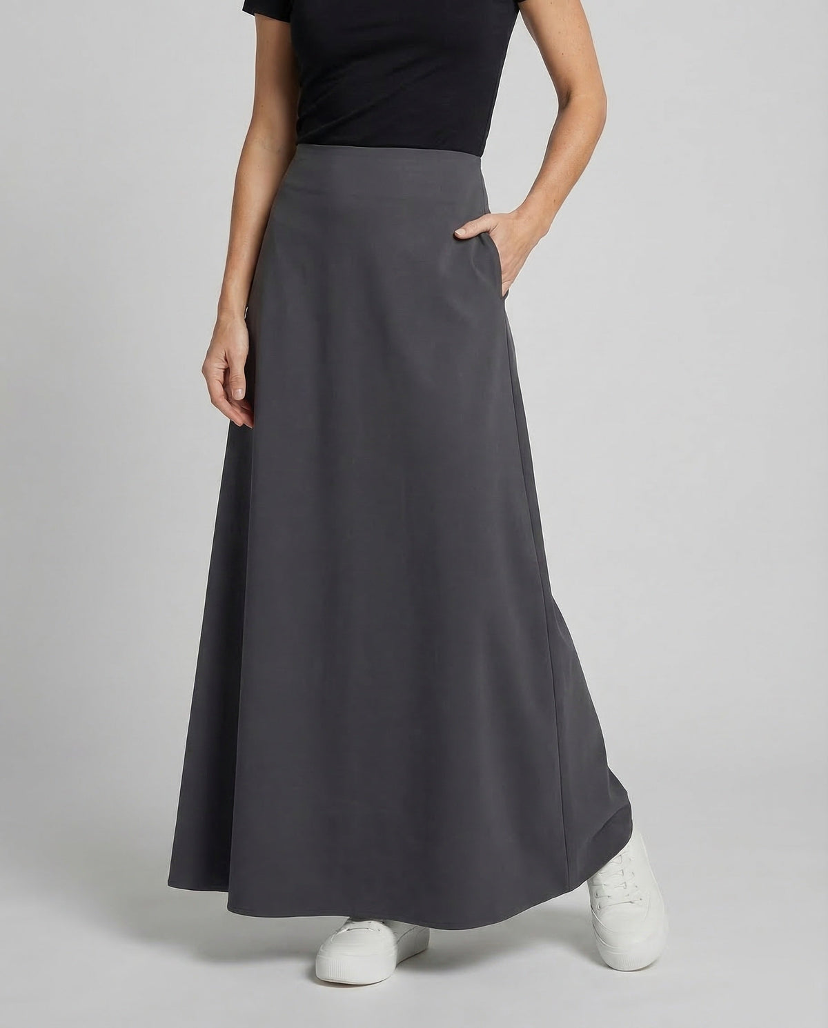 Saia maxi de cintura subida para mulher, com cintura lisa e silhueta fluida em linha A – Saia comprida minimalista para looks casuais e noturnos