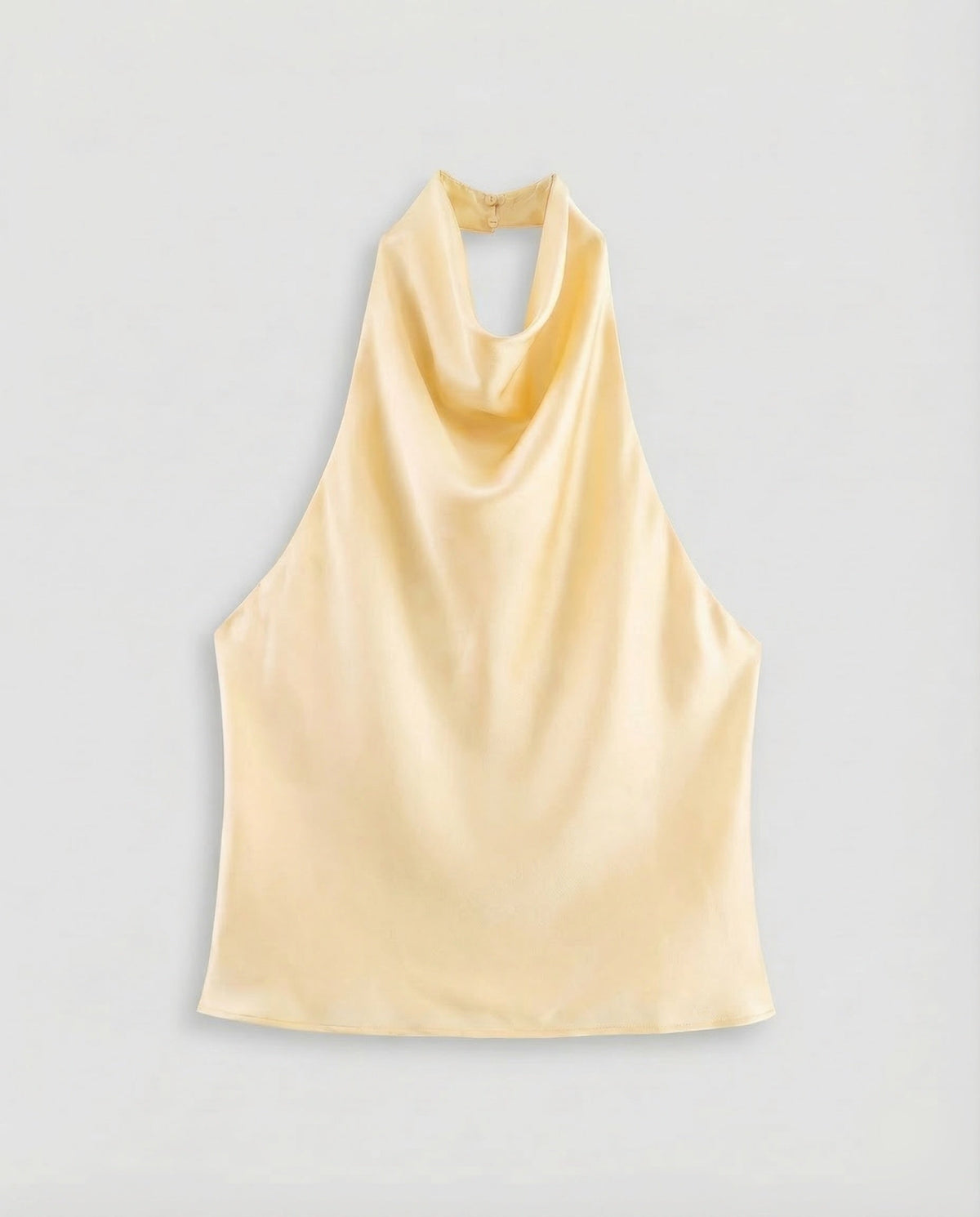 Blusa de cetim com decote halter para mulher, com decote drapeado – modelo fluido sem mangas para encontros ao jantar e looks elegantes de noite