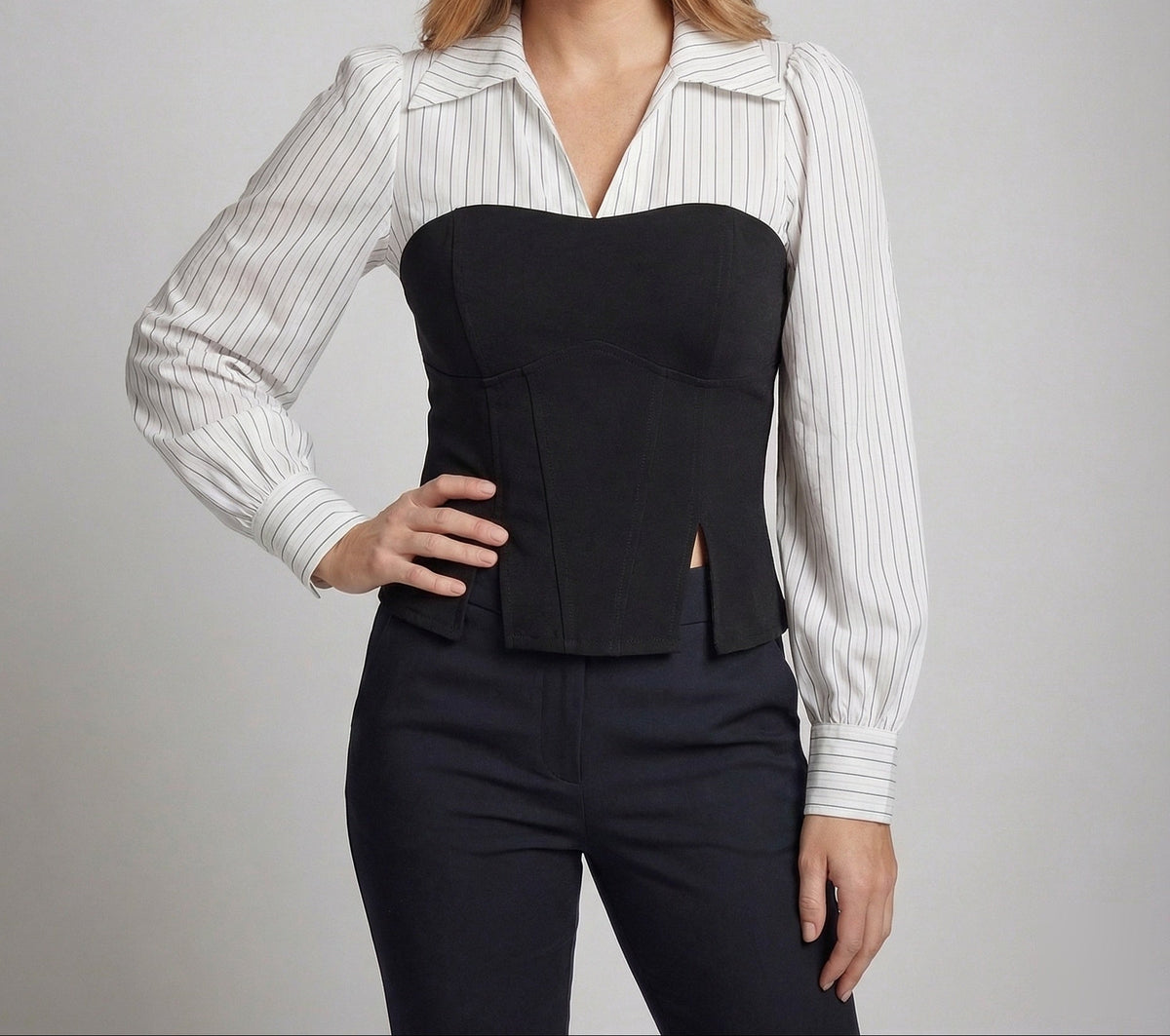 Women’s Corset-Style Blouse with Pointed Collar and Balloon Sleeves – Fitted Panelled Waist and Split Hem for Smart Evening Outfits