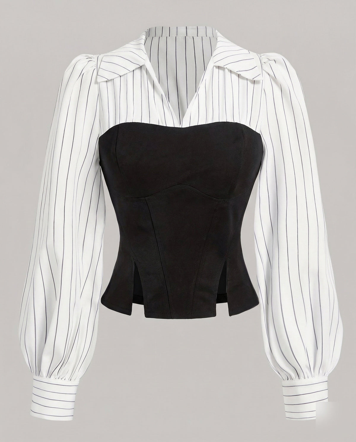 Women’s Corset-Style Blouse with Pointed Collar and Balloon Sleeves – Fitted Panelled Waist and Split Hem for Smart Evening Outfits