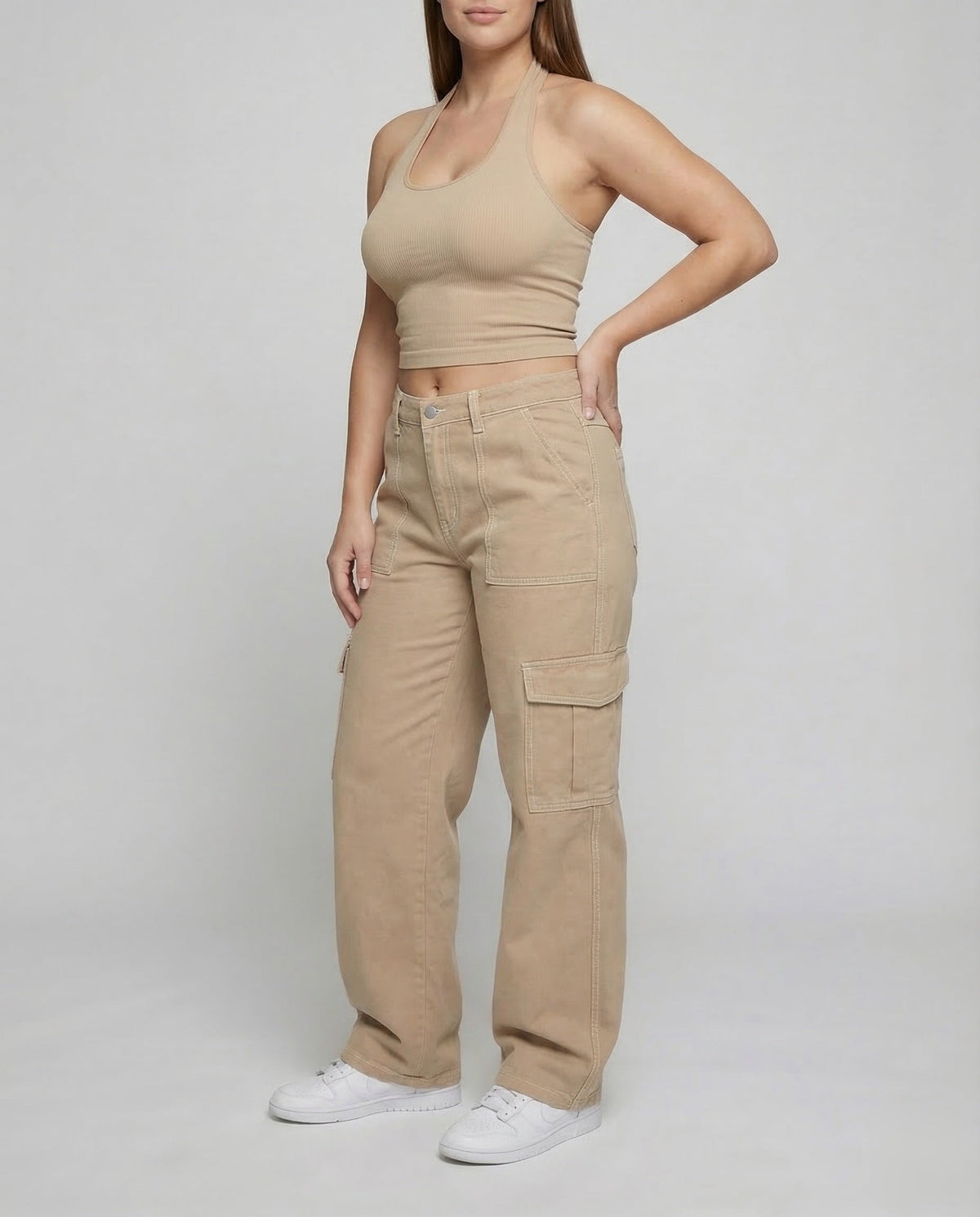 Lässige Cargohose mit weitem Bein für Damen, aufgesetzten Oberschenkeltaschen mit Patte und Gürtelschlaufen – Lange Utility-Hose für lässige Streetwear-Outfits im Alltag