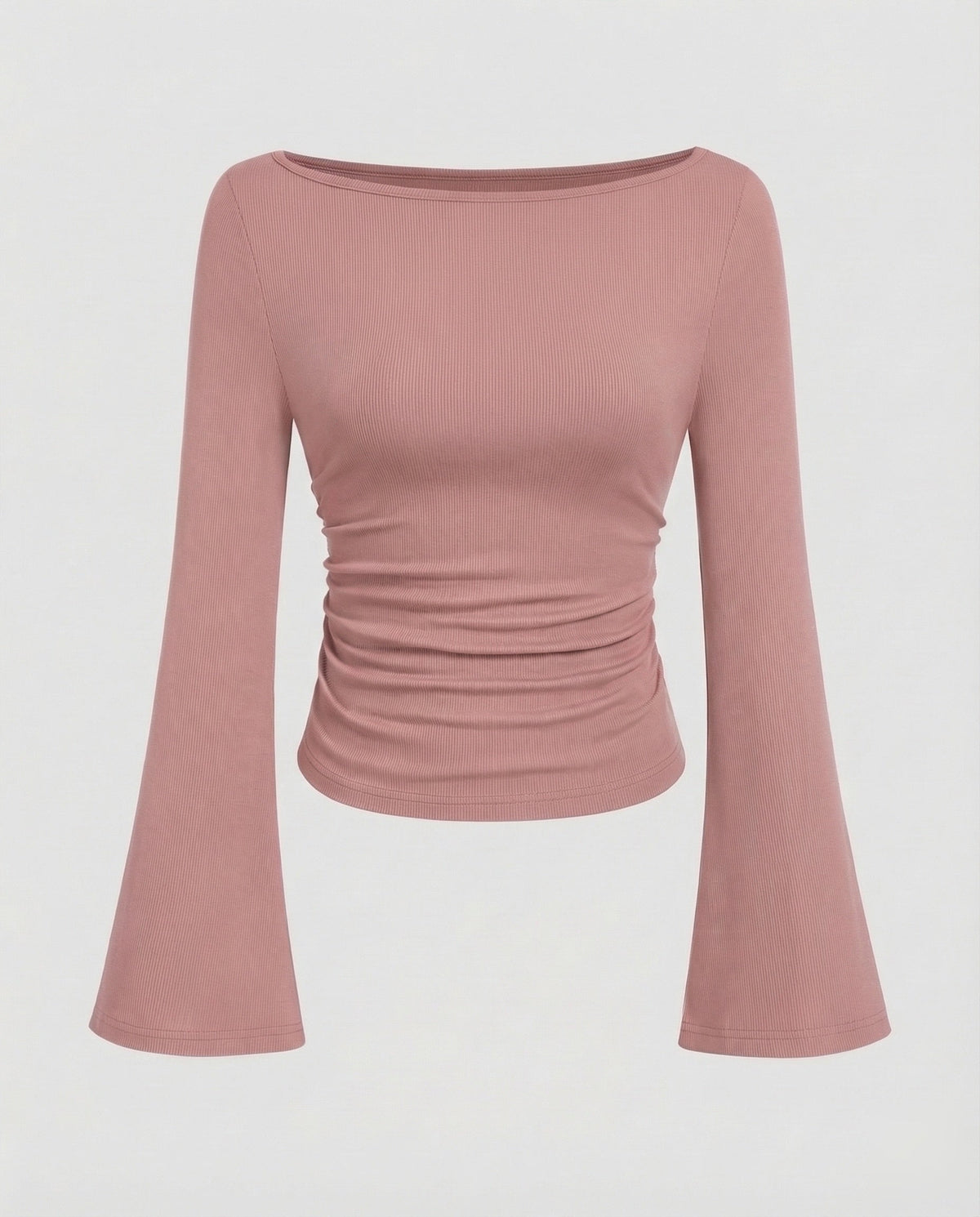 Figurbetontes Oberteil für Damen mit U-Boot-Ausschnitt, ausgestellten Trompetenärmeln und seitlicher Raffung – Eleganter Langarmstil für Arbeit und Abendoutfits