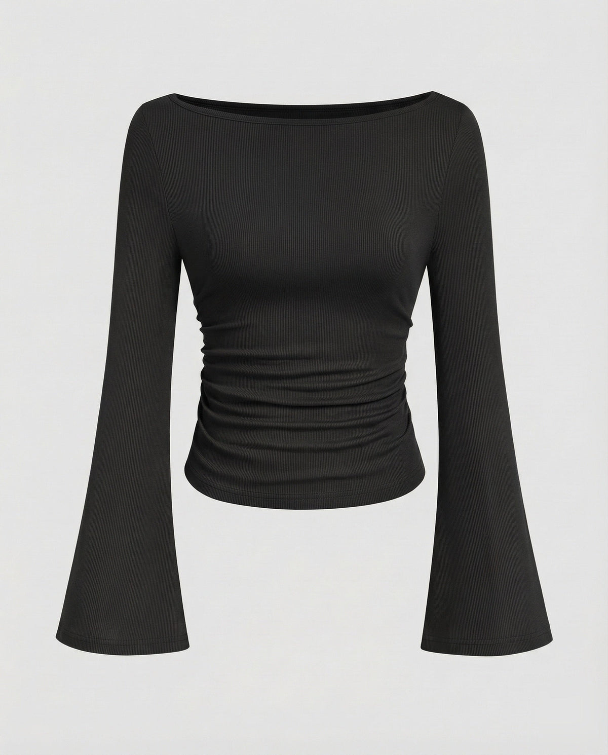 Figurbetontes Oberteil für Damen mit U-Boot-Ausschnitt, ausgestellten Trompetenärmeln und seitlicher Raffung – Eleganter Langarmstil für Arbeit und Abendoutfits