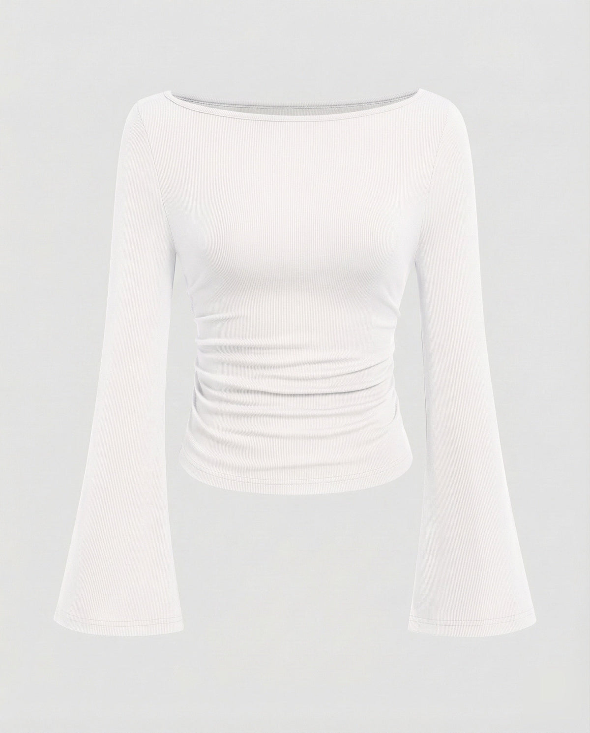 Figurbetontes Oberteil für Damen mit U-Boot-Ausschnitt, ausgestellten Trompetenärmeln und seitlicher Raffung – Eleganter Langarmstil für Arbeit und Abendoutfits