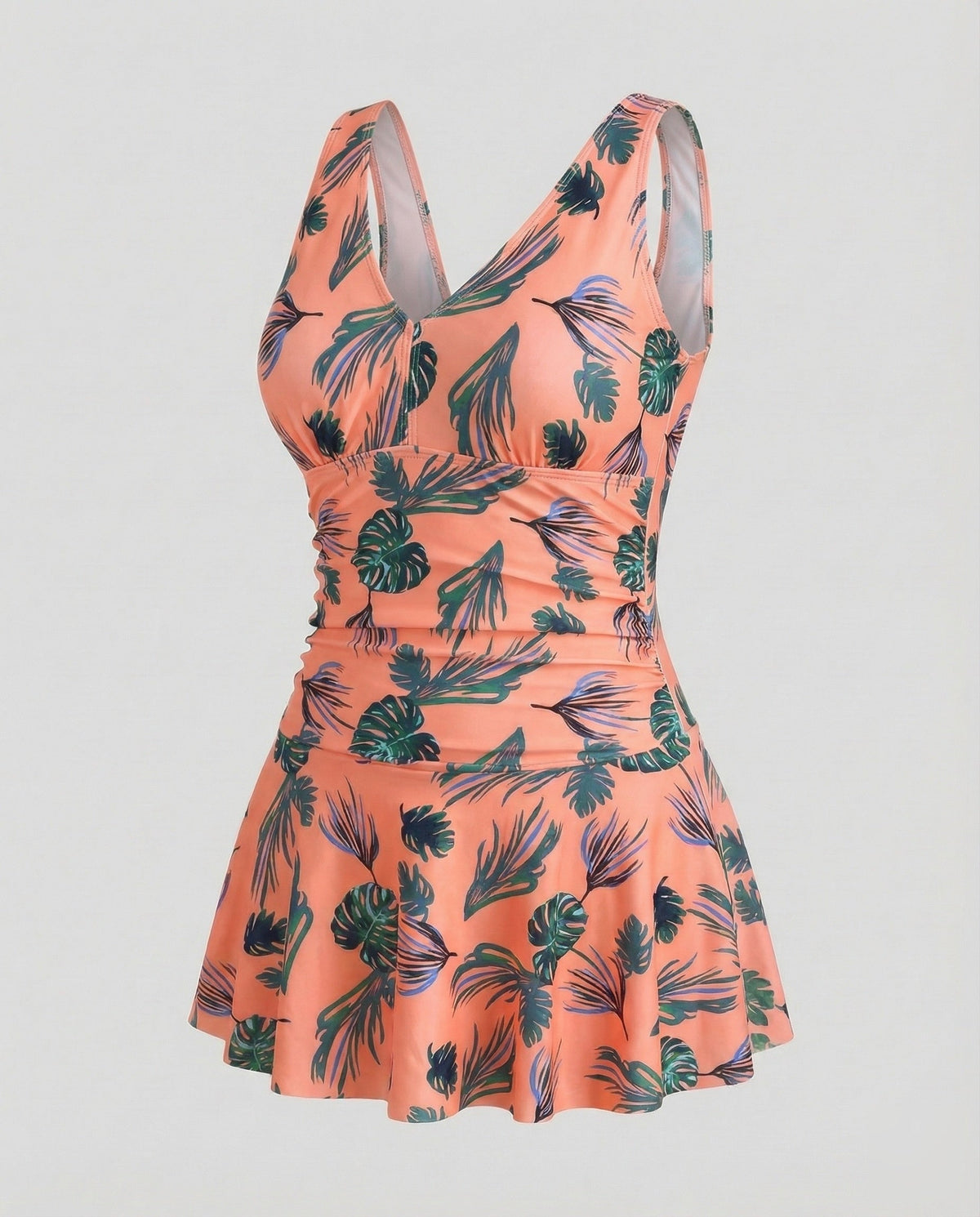 Women’s Printed V-Neck Swimdress with Wide Straps and Shorts – Flared Wrap-Effect Style for Beach and Pool