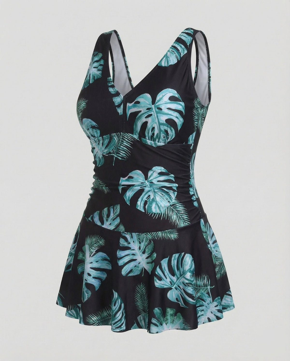 Women’s Printed V-Neck Swimdress with Wide Straps and Shorts – Flared Wrap-Effect Style for Beach and Pool