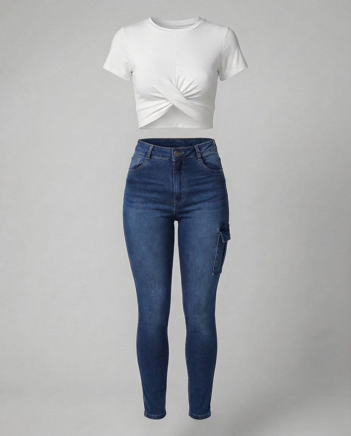 Jeans cargo justos de cintura subida para mulher, com bolsos com aba nas coxas – ganga justa pelo tornozelo, para conjuntos descontraídos e de fim de semana