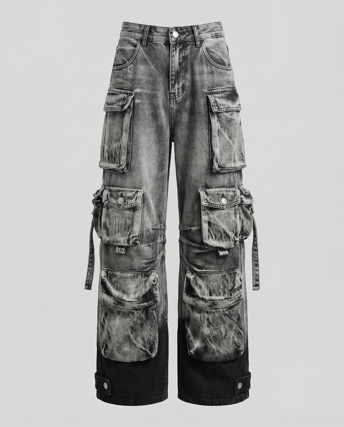 Baggy-Cargohose aus Denim für Damen mit mehrlagigen Klappentaschen und verstellbaren Knöchelriemen – Utility-Jeans in voller Länge für Streetwear- und Festival-Outfits
