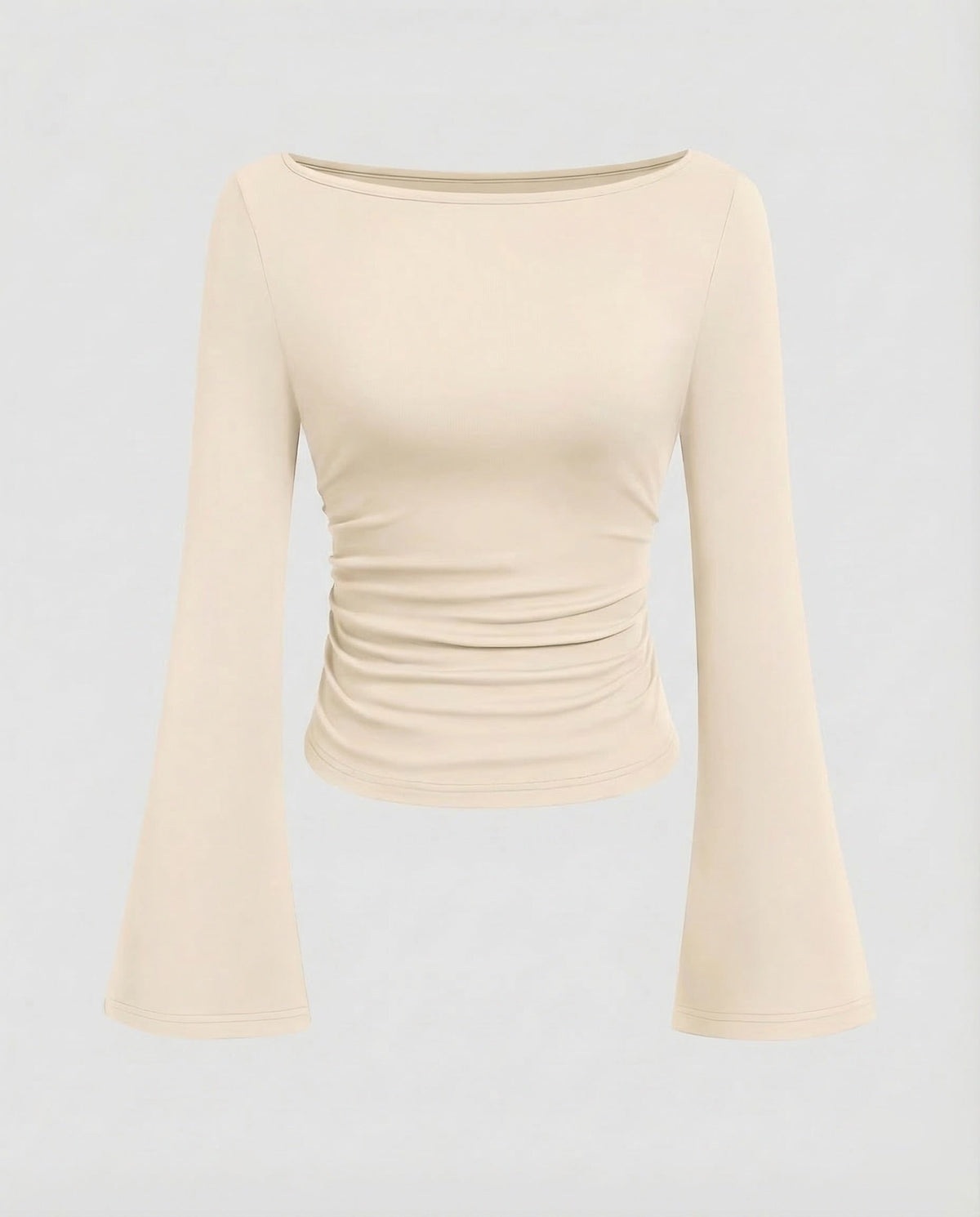 Damenoberteil mit U-Boot-Ausschnitt, geraffter Taille und ausgestellten langen Ärmeln – figurbetonter Schnitt für elegante Freizeitoutfits und Abendgarderobe