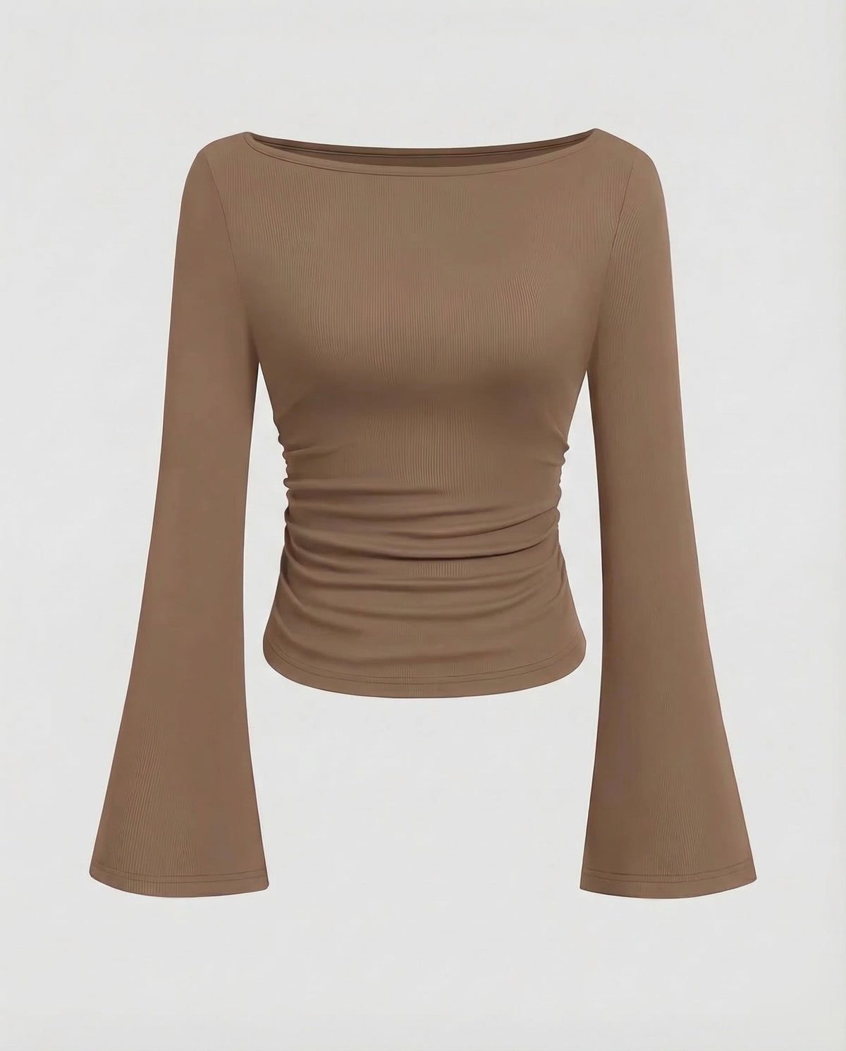 Damenoberteil mit U-Boot-Ausschnitt, geraffter Taille und ausgestellten langen Ärmeln – figurbetonter Schnitt für elegante Freizeitoutfits und Abendgarderobe