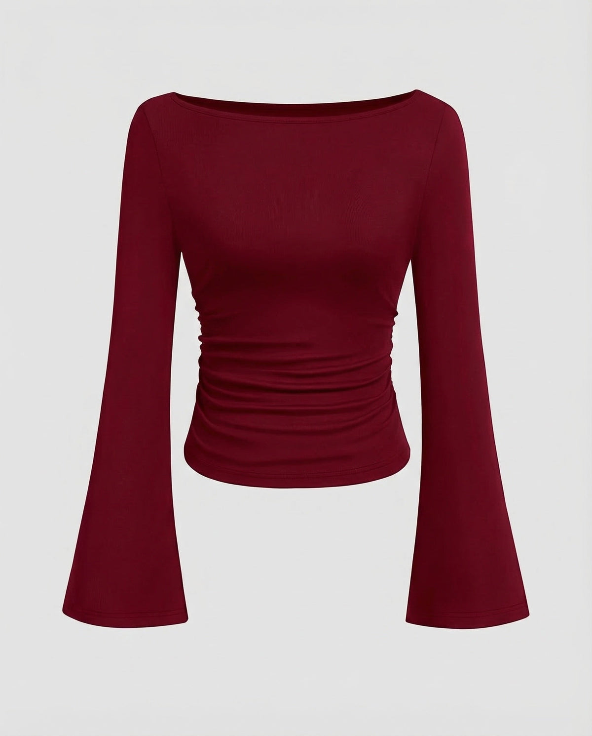 Damenoberteil mit U-Boot-Ausschnitt, geraffter Taille und ausgestellten langen Ärmeln – figurbetonter Schnitt für elegante Freizeitoutfits und Abendgarderobe