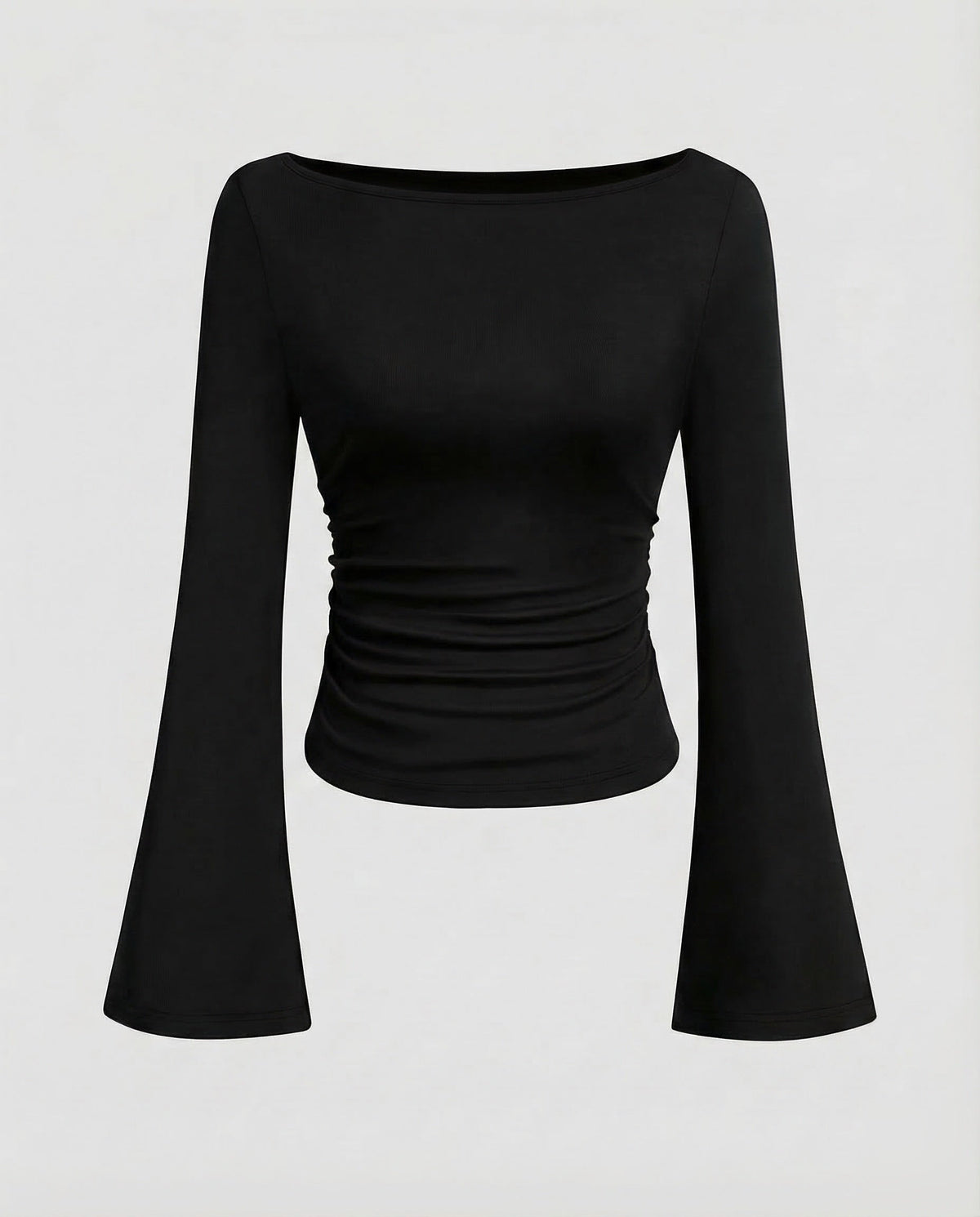 Damenoberteil mit U-Boot-Ausschnitt, geraffter Taille und ausgestellten langen Ärmeln – figurbetonter Schnitt für elegante Freizeitoutfits und Abendgarderobe