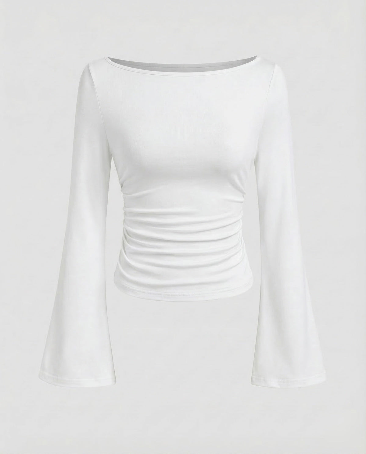 Damenoberteil mit U-Boot-Ausschnitt, geraffter Taille und ausgestellten langen Ärmeln – figurbetonter Schnitt für elegante Freizeitoutfits und Abendgarderobe